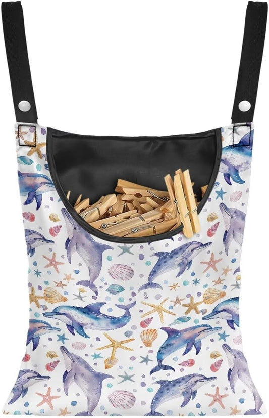 Cute Dophin Clothespin Bag Clothespin Storage with Hanger Hook Canvas Clothespin Bag with Large Opening Space-Saving Clothespin Holder Clothespin Bag for Outdoor Use, 1 Pack, CZB94