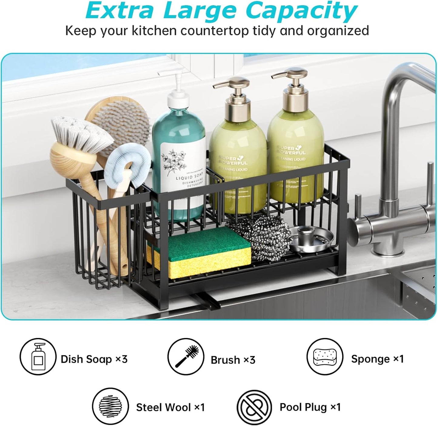 Sponge Holder for Kitchen Sink, 2 Tier Sink Caddy Organizer Countertop with Dish Brush Holder and 360° Drain Tray, Rustproof Stainless Steel Dish Soap Storage Rack Set for Accessories