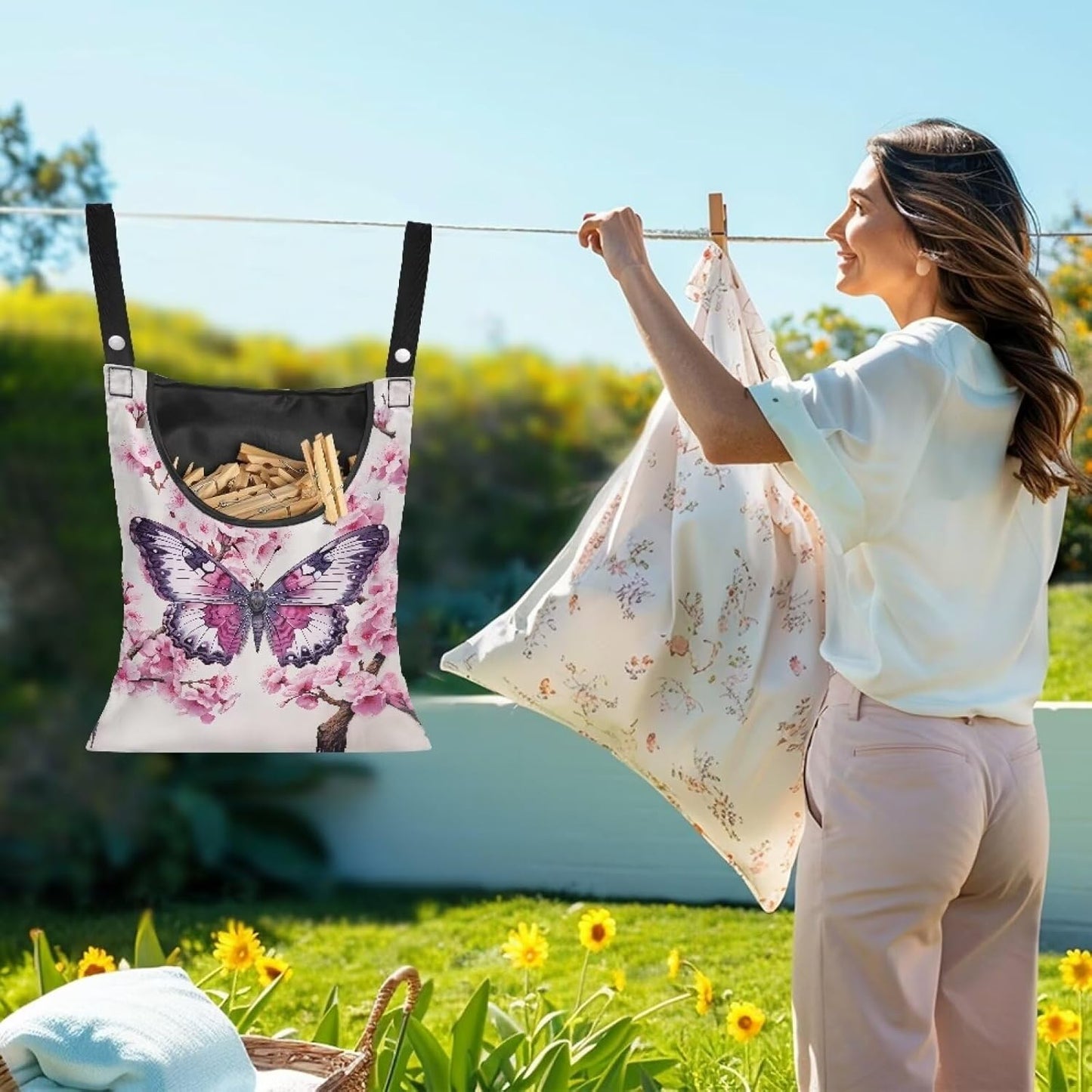 Clothes Pin Hanging Bag, Butterfly Clothes Pins Bag Holder Outdoor 4.Stylish Clothespin Bag with Hanging Rope for Clothes Pin and Clothespin