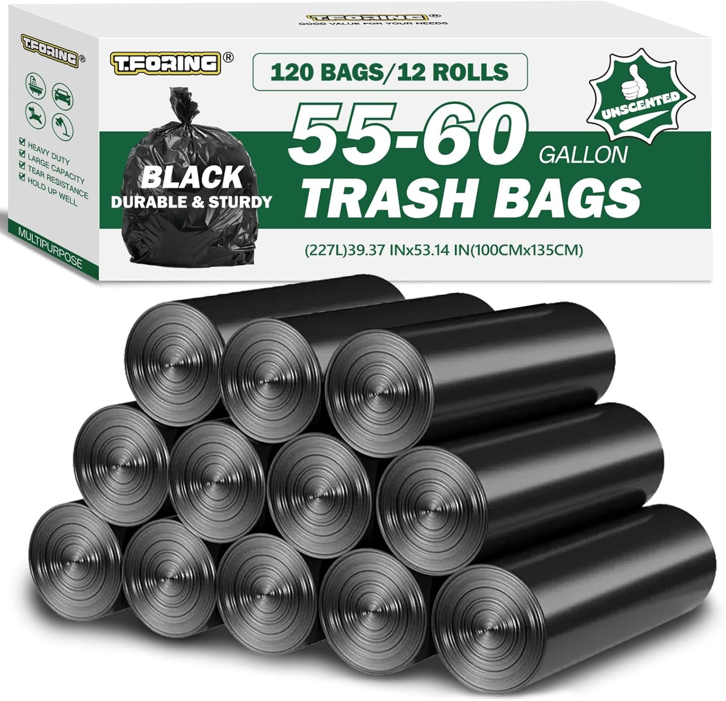 55-60 Gallon Black Trash Bags 120 Count - 40''x53'' Extra Large 50+ Gallon Garbage Bags,Unscented Strong Huge Can Liners for Construction Industrial Yard Outdoor Commercial