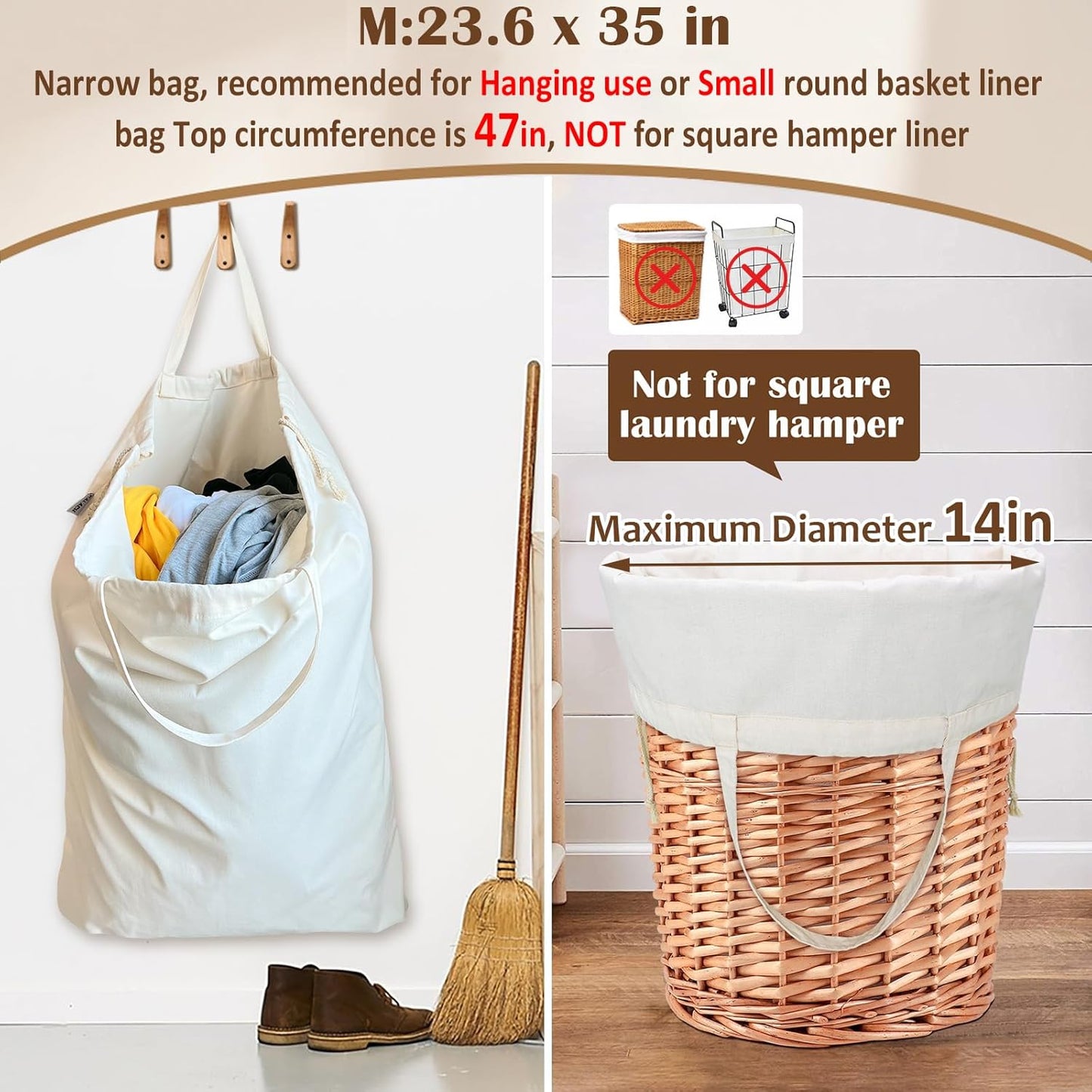 Canvas Laundry Bag with Handles & Drawstring 23.6"x35", Dirty Clothes Travel Bag, Heavy Duty Washable Cotton Laundry Sack for Travel, Camp, College (2 Pack)