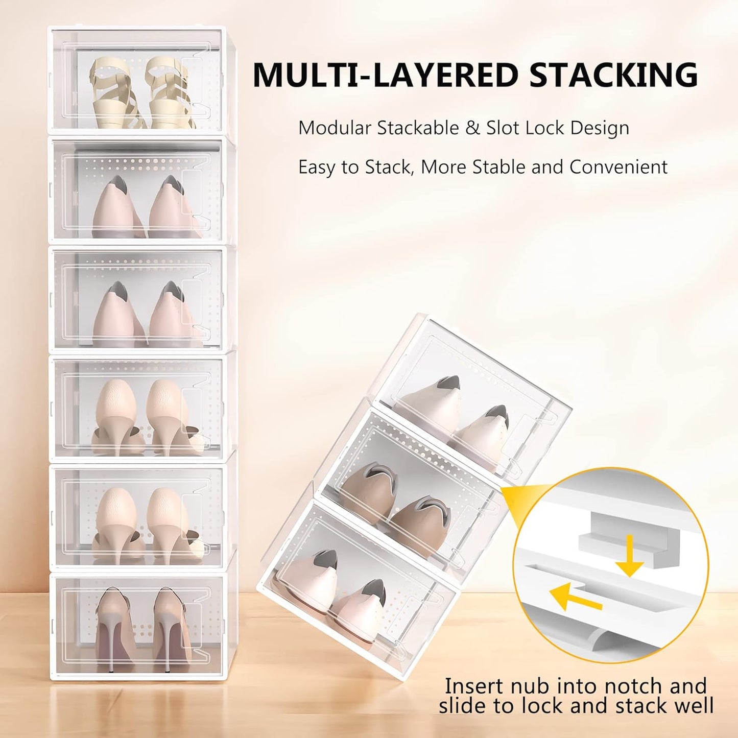 Secret Space 12 Pack XX Large Shoe Organizer Storage Boxes for Closet, Modular Space Saving Shoe Boxes Clear Plastic Stackable Sneaker Containers Display Case with Lids, Pearl White03