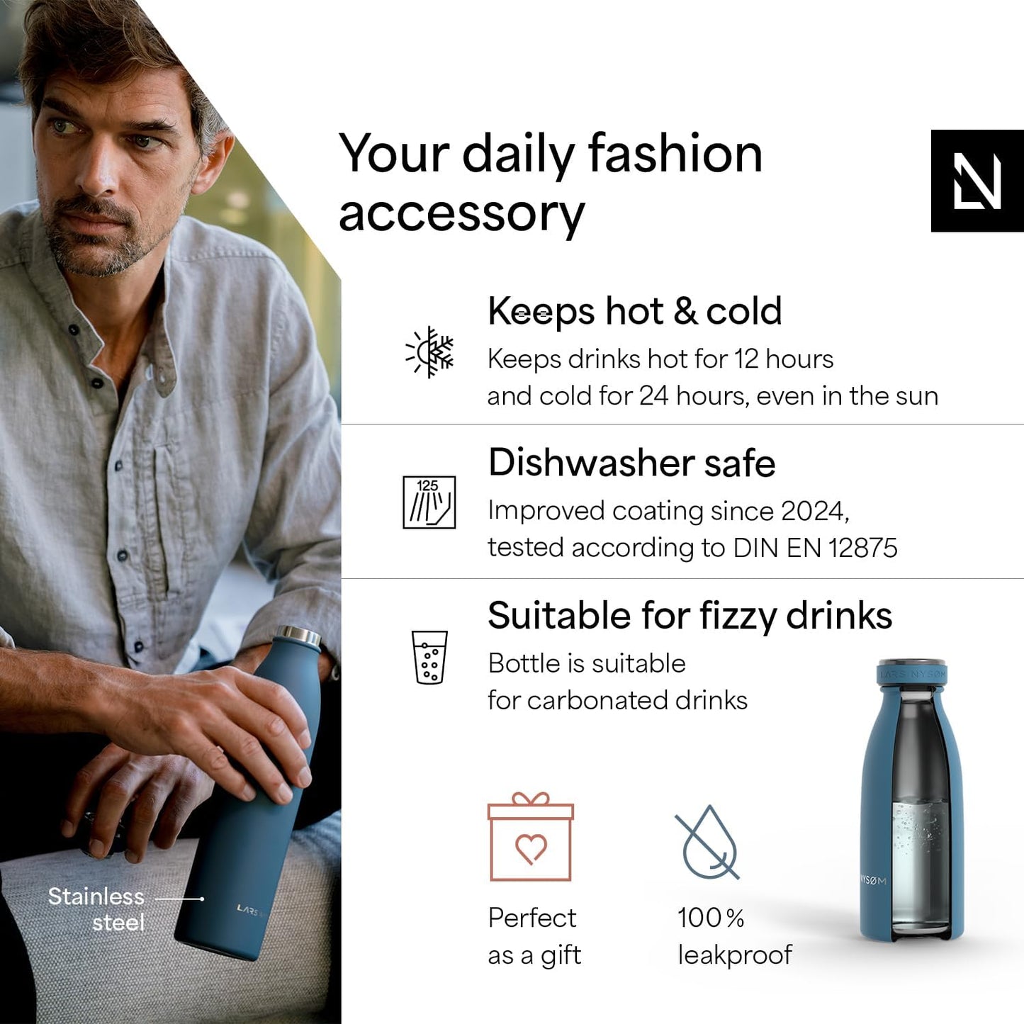 LARS NYSØM Stainless Steel Insulated Water Bottle 12oz 17oz 25oz 34oz 51oz | Insulated Thermo Flask for Hot and Cold Beverages | Leakproof Drinking Bottle (Calypso Blue, 11.9oz)