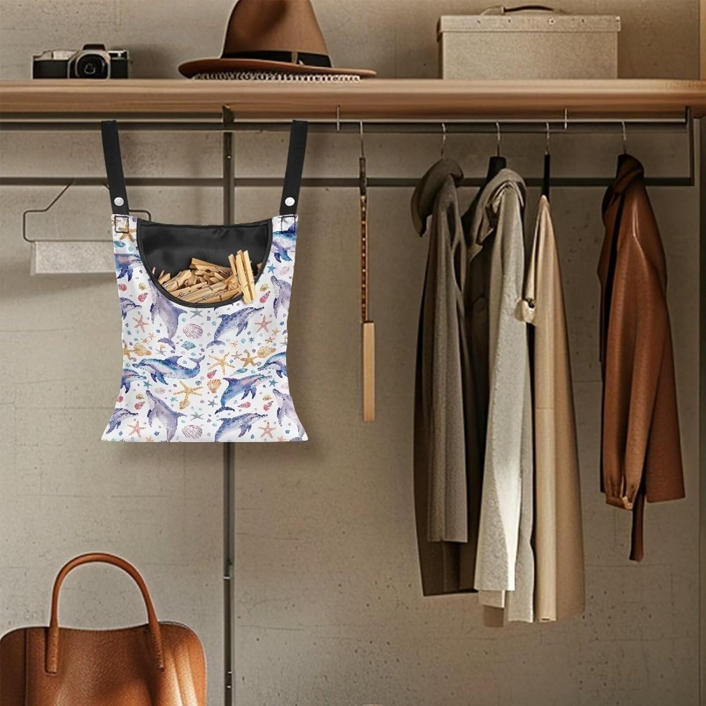 Cute Dophin Clothespin Bag Clothespin Storage with Hanger Hook Canvas Clothespin Bag with Large Opening Space-Saving Clothespin Holder Clothespin Bag for Outdoor Use, 1 Pack, CZB94