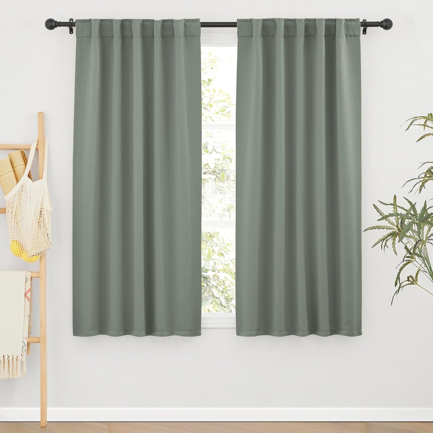 RYB HOME Room Darkening Curtains 2 Panels Set, Energy Efficient Privacy Drapes Back Tab Small Wondow Shades for Bathroom Kids Bedroom, 42 Inch Wide by 63 Inch Long, Sage Green