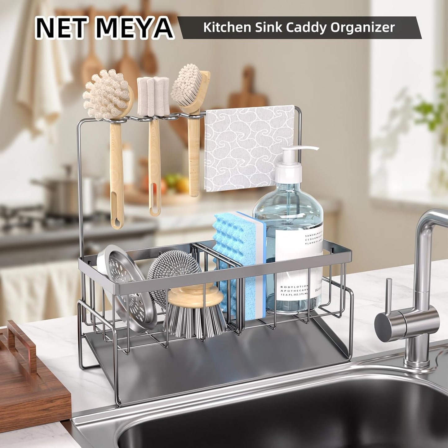 NET MEYA Sponge Holder for Kitchen Sink,Stainless Steel Sink Caddy with Dish Brush Holder,Kitchen Sink Organizer Countertop Sink Holder,Dish Soap Holder for Kitchen Sink Organizer