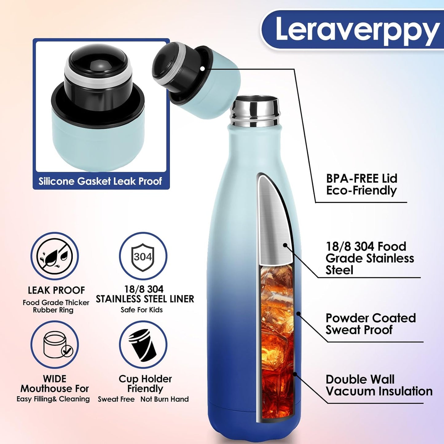 17oz Cola-Bottle Shaped Stainless Steel Leak-proof Water Bottle,Double Wall Vacuum Insulated Metal,Travel Mug For Sports Indoors & Outdoors,BPA-Free Kids Flasks,Green Blue(8 Pack)