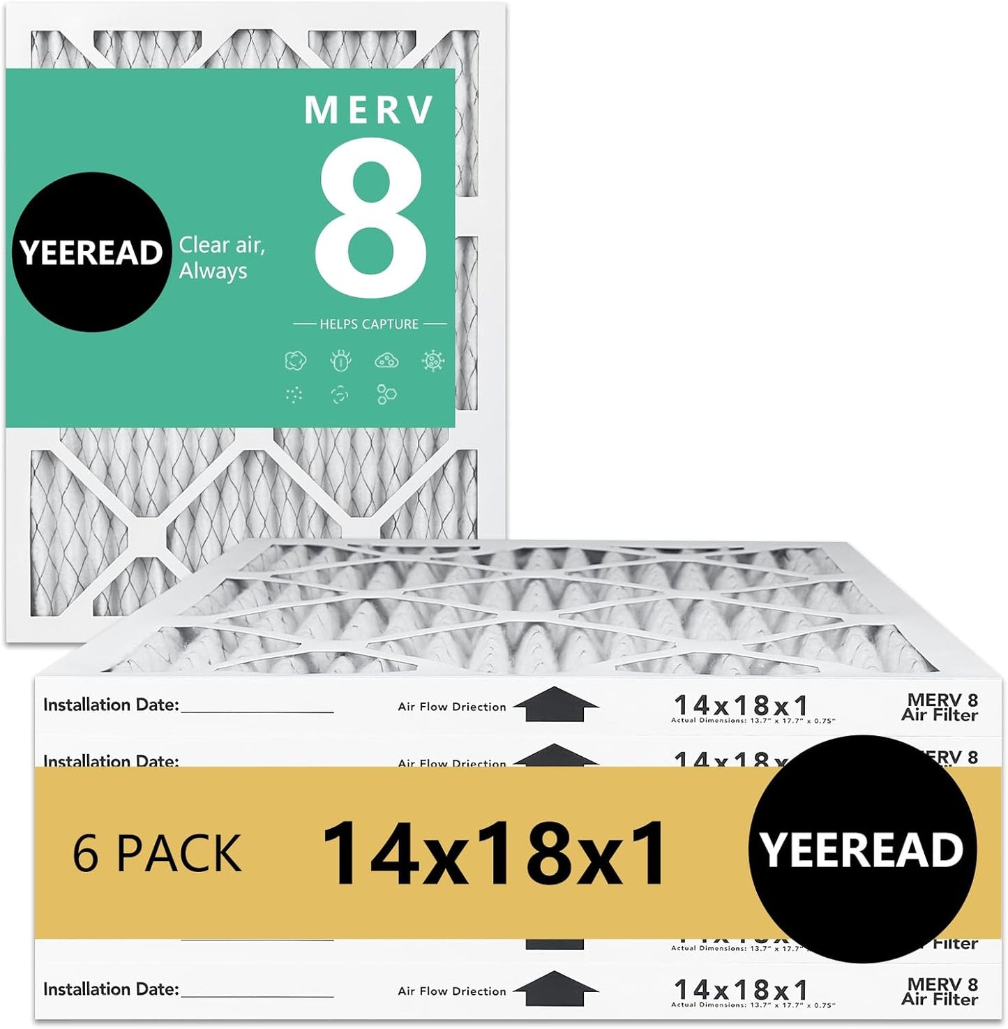 14x18x1 MERV 8 Air Filters 6-Pack – 13.7" x 17.7" x 0.75" – HVAC, AC & Furnace Compatible – Electrostatic Filtration for Home & Commercial Air Systems