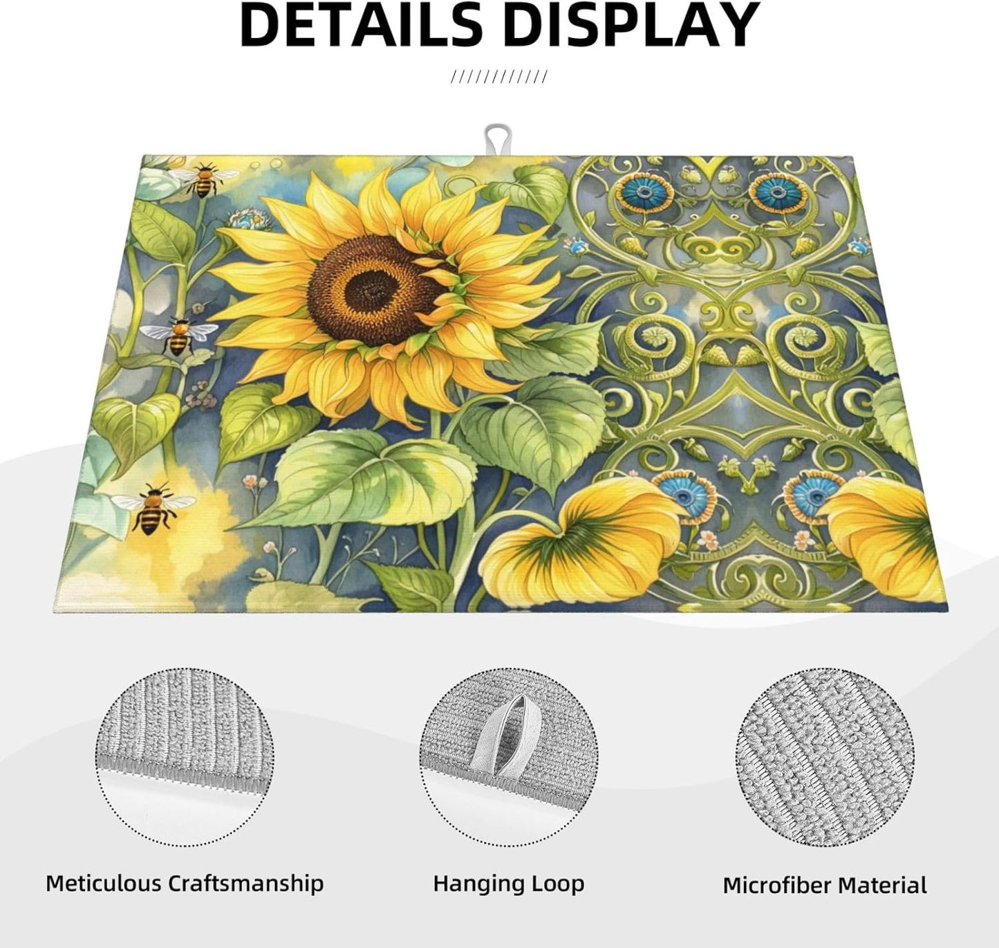 Sunflower Bee Dish Drying Mat Highly Absorbent Double-Sided Microfiber with Hanging Loop Reversible Drain Dish Rack Mat Drain Mat Suitable for Kitchen Countertop Coffee Bar 18 x 24 Inch