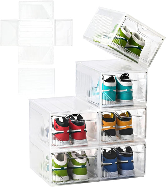 Modular XX-Large Shoe Organizer,6 Pack Shoe Storage Organizer Easy to Assemble,Shoe Box Clear Plastic Stackable,Drop Front Shoe Box with magnetic Door, Containers For Sneaker,Fit up to US Size 15