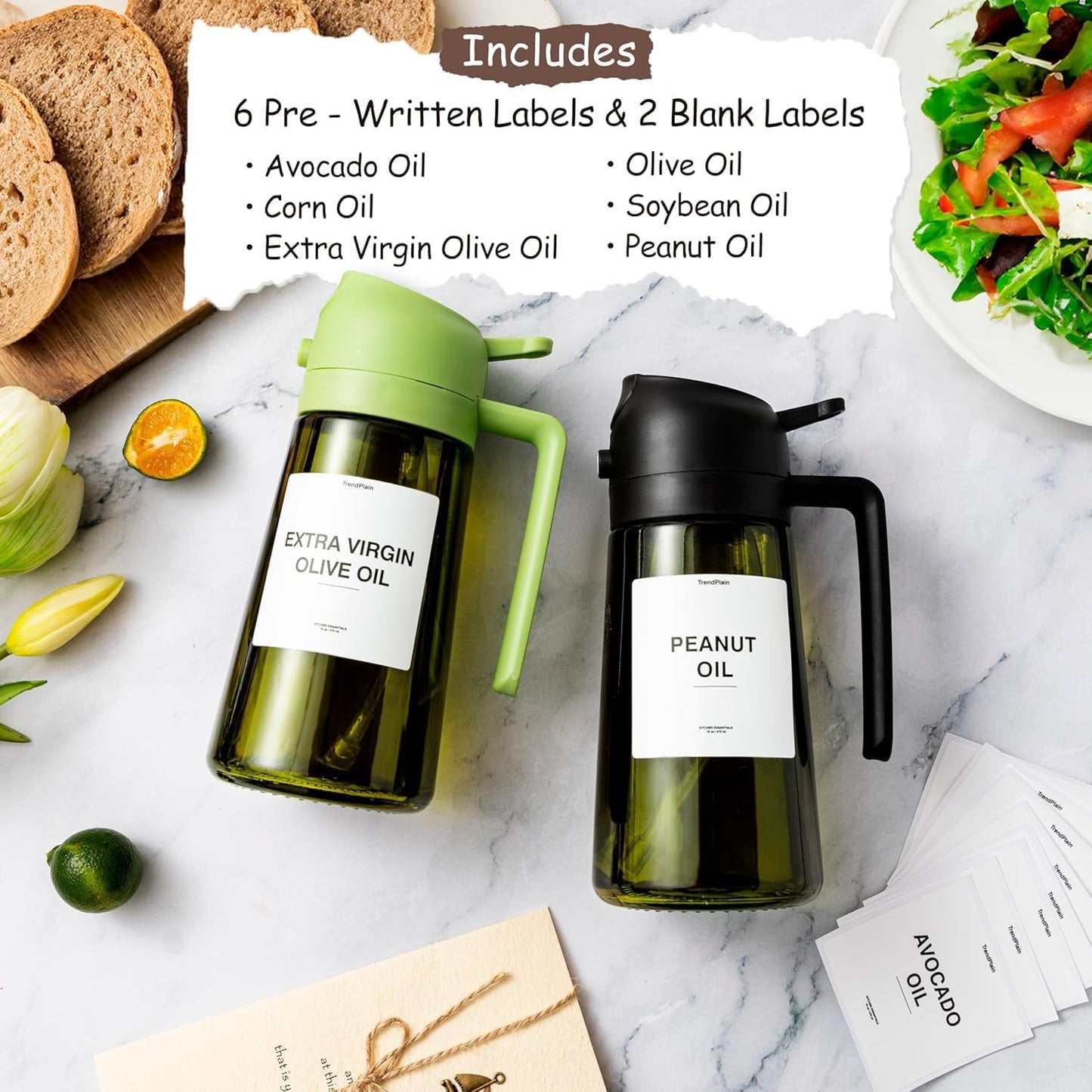 TrendPlain - Original 16oz/470ml Olive Oil Dispenser Bottle for Kitchen Gadgets and Air Fryer Accessories - Olive Oil Sprayer for Cooking w/Stickers - Black&White