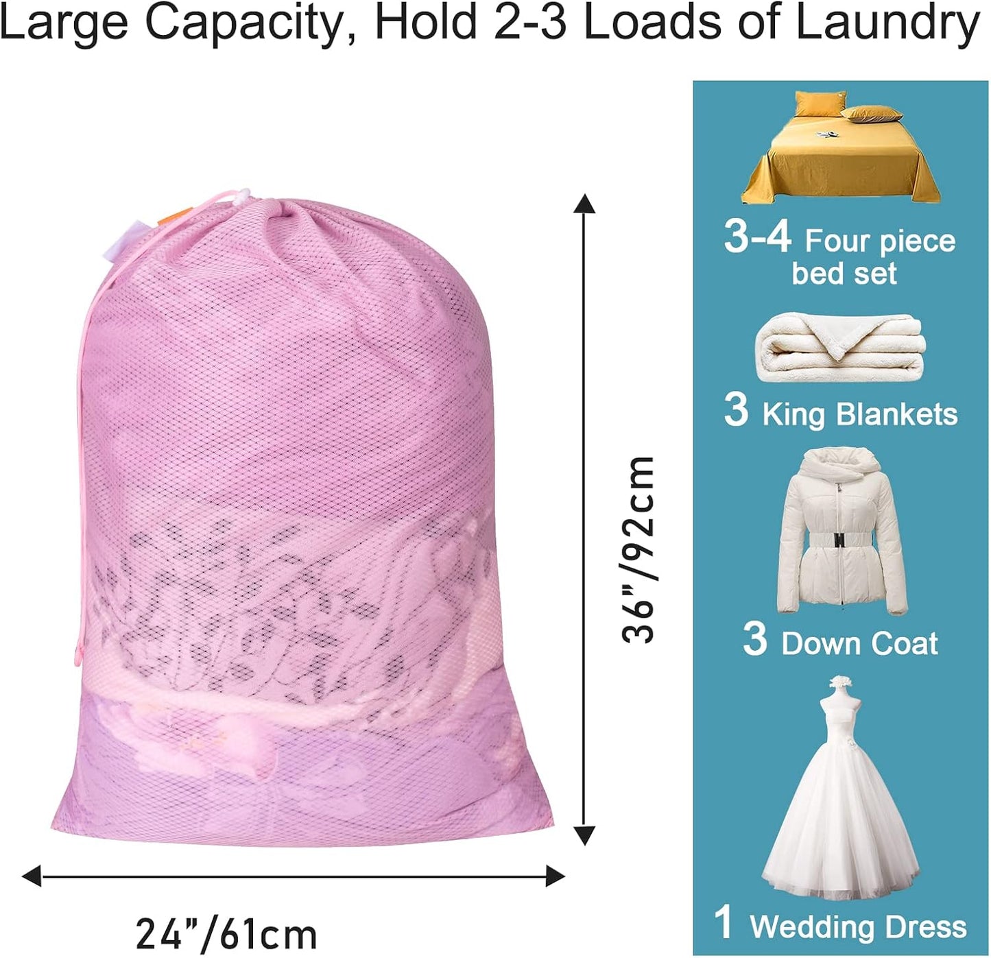 Polecasa Heavy Duty Large Mesh Laundry Bags with ID Tag and Locking Drawstring Closure - 2 Pack, 24 x 36 inches - Laundry Hamper Liner, Washable Laundry Bag for Travel, Sports, Dorms (Pink)