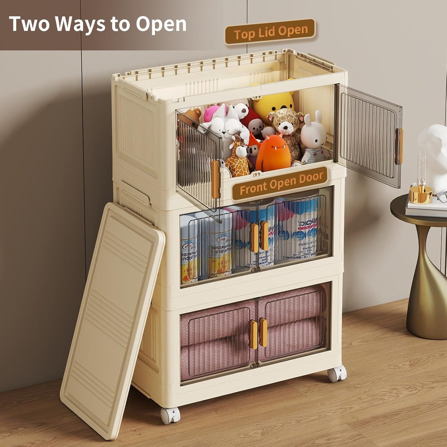 3 Tier Stackable Plastic Storage Bins with Lids 58QT, Collapsible Closet Organizers and Storage with Wheels for Living Room,Office,Dorm