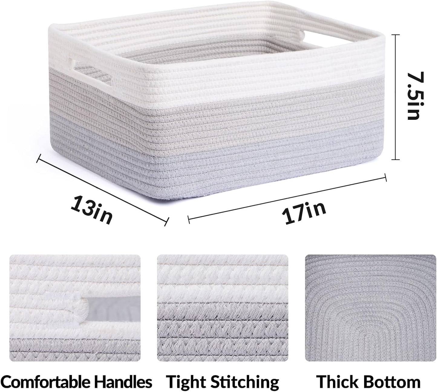 Large Storage Baskets for Shelves, Closet Organizers Bins for Clothes Blanket Towels, Baby Nursery, Toy Baskets Box, Woven Rope Baskets, 17 x 13 x 7.5”, 3 Packs Gradient Grey