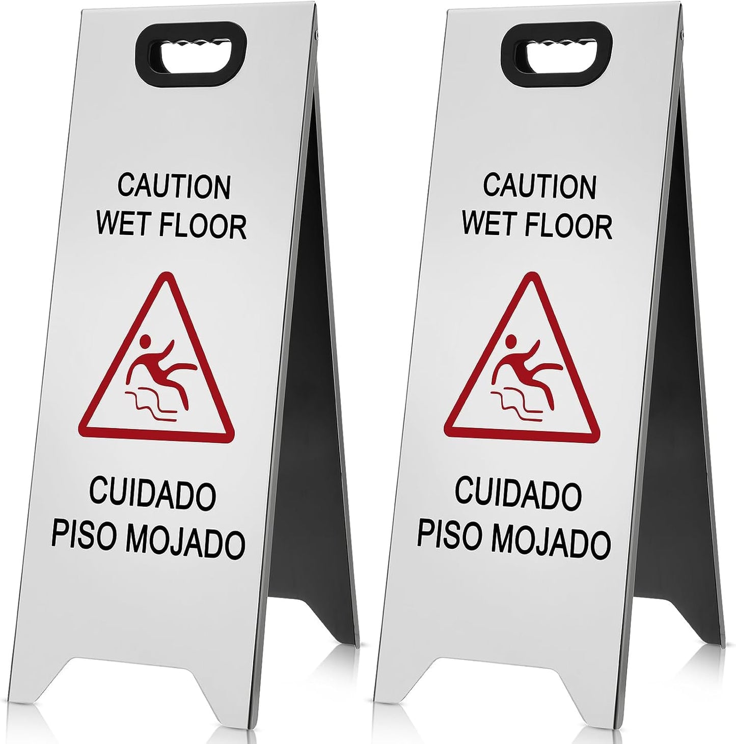 2 Pcs 24 Inch Stainless Steel Wet Floor Sign, Heavy Duty Caution Wet Floor Sign Double Sided Portable Foldable Bilingual Safety Warning for Restaurant Restroom Office Avoid Fall(Silver)