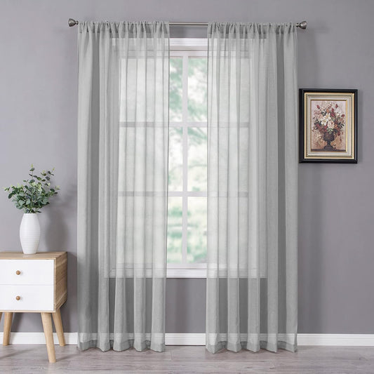 Tollpiz Sheer Curtains Linen Textured Bedroom Curtain Sheers Light Filtering Rod Pocket Voile Curtains for Living Room, 54 x 84 inches Long, Silver Grey, Set of 2 Panels