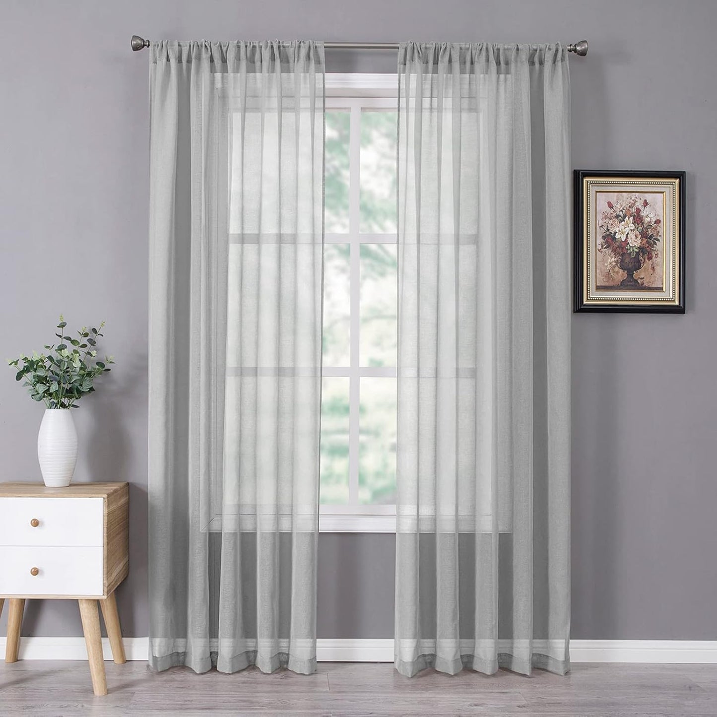 Tollpiz Sheer Curtain Linen Textured Bedroom Curtains Sheer Light Filtering Rod Pocket Voile Curtain for Living Room, 54 x 95 inches Long, Silver Grey, Set of 2 Panels