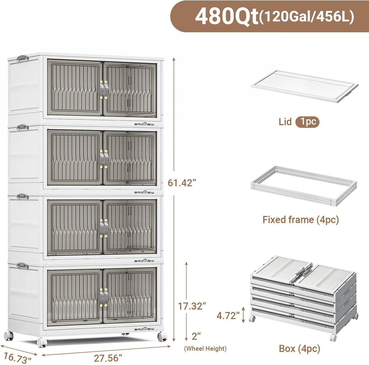 BROVIEW 480Qt Stackable Storage Bins with Lid, Extra Large Closet Organizer Collapsible Drawer Boxes with Wheels, Folding Plastic Cabinet Containers for Home Kitchen Room Organization, 4Pack White