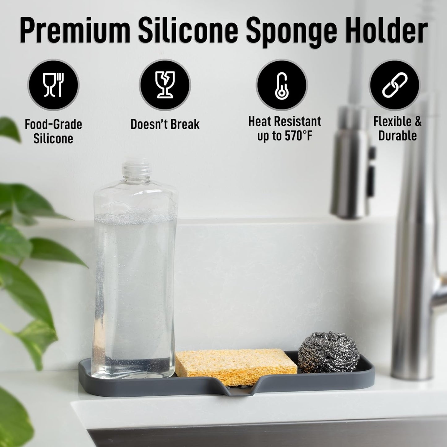 Zulay Large Silicone Sponge Holder (12x4) – Flexible Sink Organizer Tray for Kitchen & Bathroom – Multipurpose Soap Dish for Sponges, Makeup, Trinkets & More (Grey)