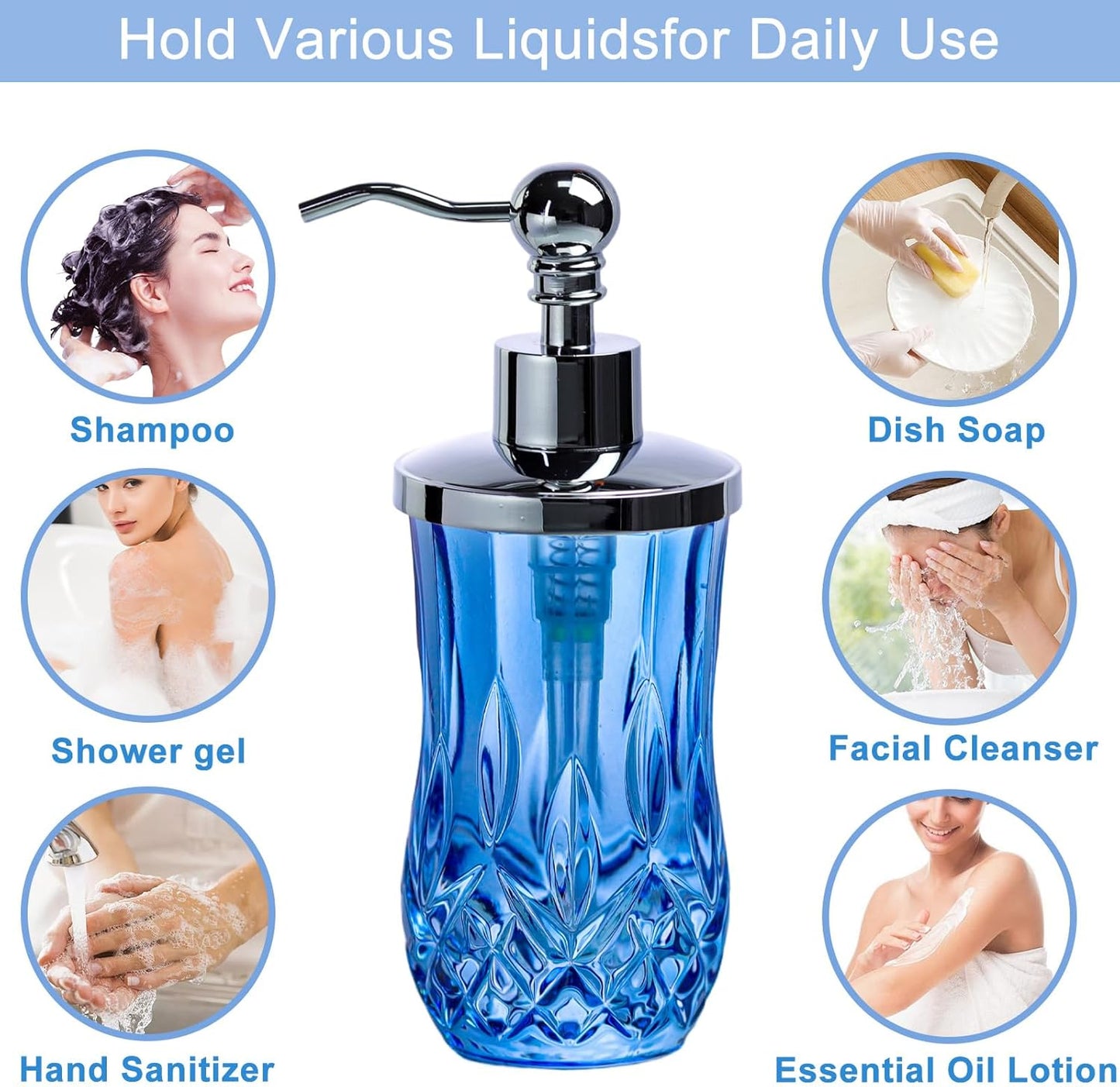 9Oz Diamond Grid Pattern Blue Glass Soap Dispenser with Rust Proof Stainless Steel Pump,Refillable Liquid Soap Dispenser for Bathroom & Kitchen Dish Soap, Hand soap, Lotion(Round)