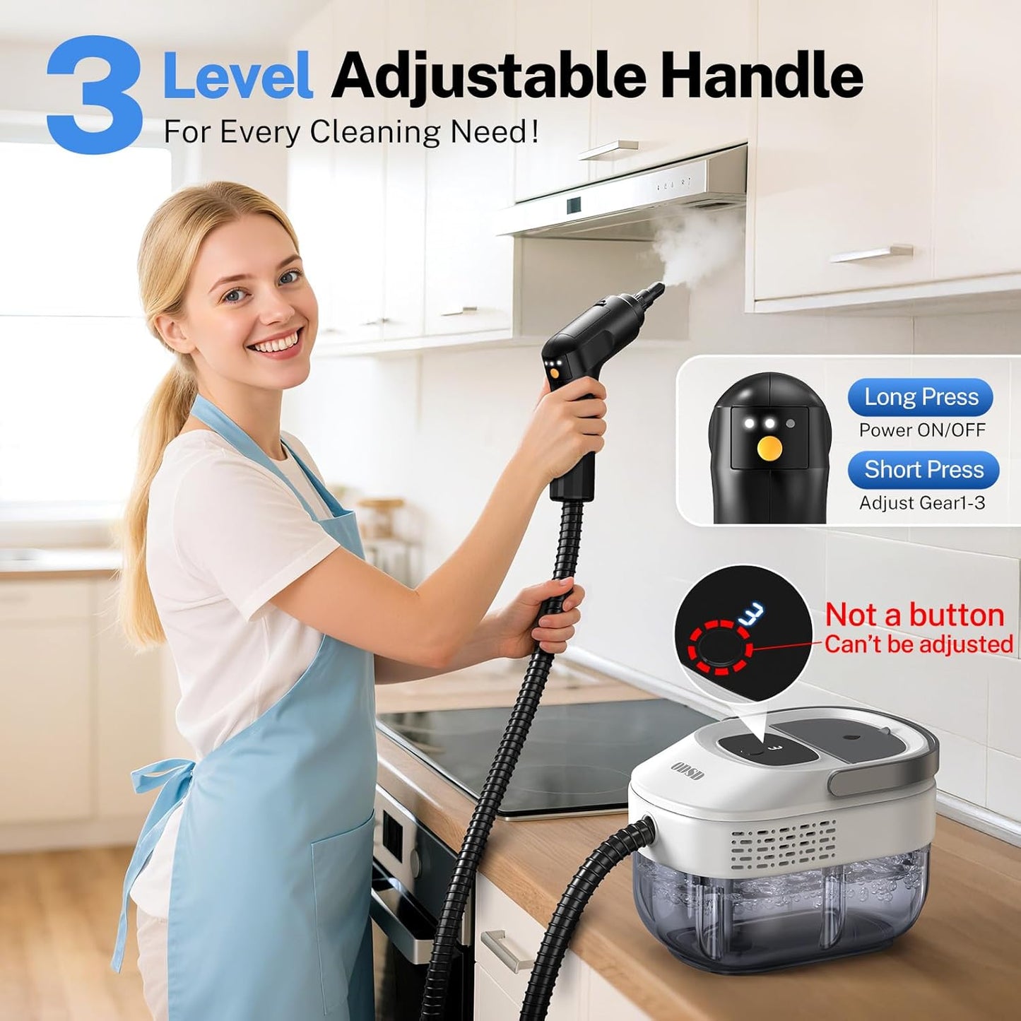 ODSD Steam Cleaner for Home & Car, 3-Level Adjustable Steamer for Cleaning, 15s Heat-Up & 1.6L Large Tank, Handheld Steam Cleaner for Car Detailing, Home, Tile, Grout, Furniture with 15pcs Accessories