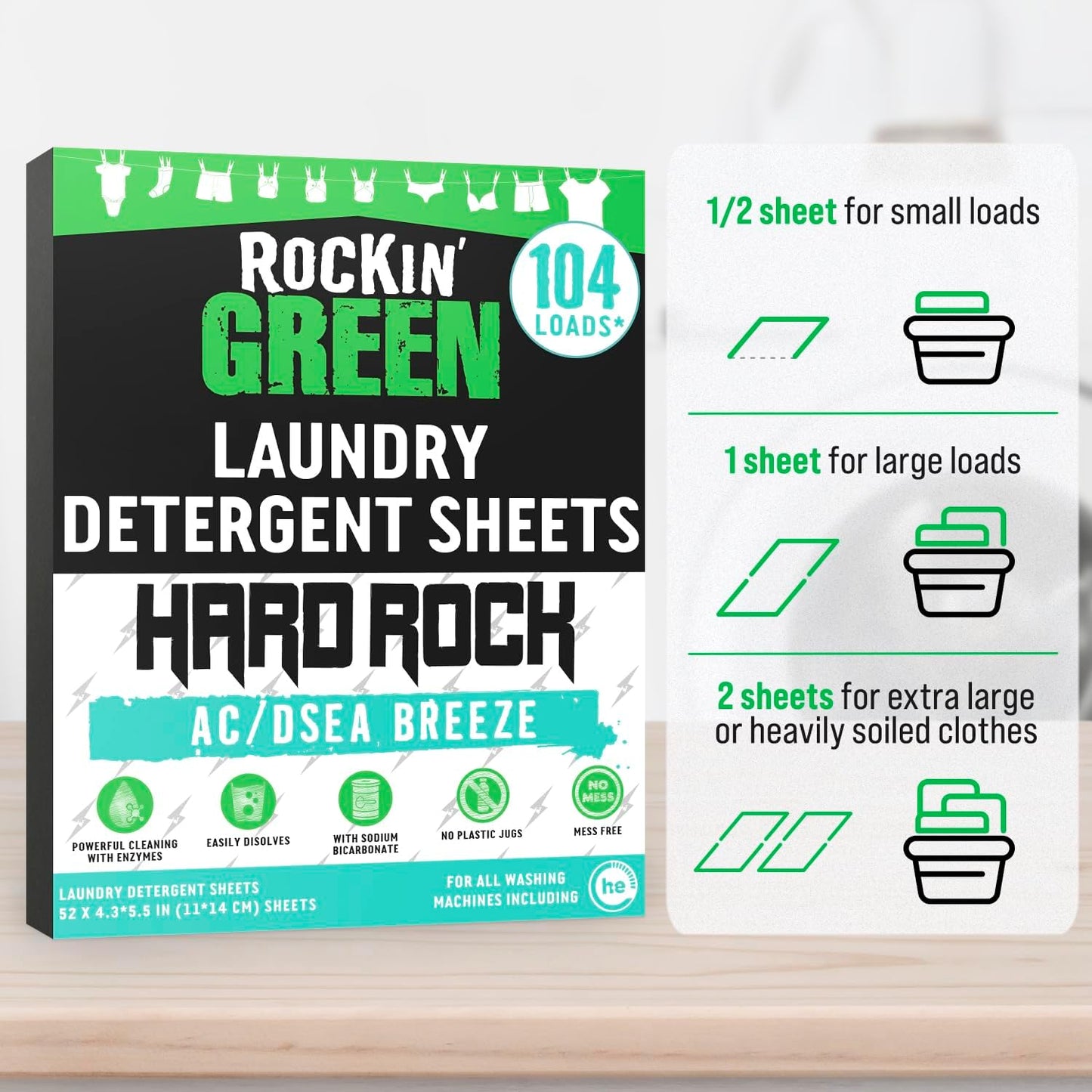 Rockin' Green Hard Rock Travel Laundry Detergent Sheets for Hard Water - Mess-Free Laundry Sheet Detergent with Sodium Bicarbonate - Easily Dissolvable Laundry Soap Sheets (104 Loads, AC/DSea Breeze)