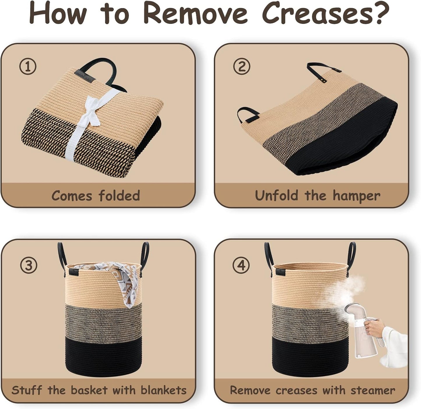 VIPOSCO Tall Laundry Basket, Large Dirty Clothes Hamper with Leather Handle, Woven Rope Storage Basket for Blanket, Toy In Living Room, Bathroom, Bedroom - 58L Brown & Black