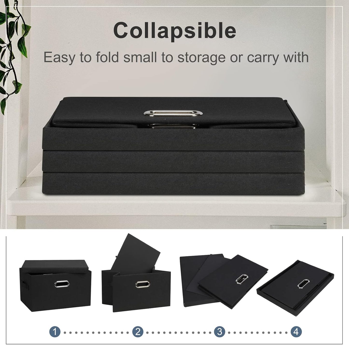 Medium 15" 21 Quart Collapsible Stackable Storage Bins with Lids, 1 Pack Black Foldable Fabric Closet Storage Boxes with Lids, 4 Handles Heavy-duty Linen Cube Baskets for Bedroom