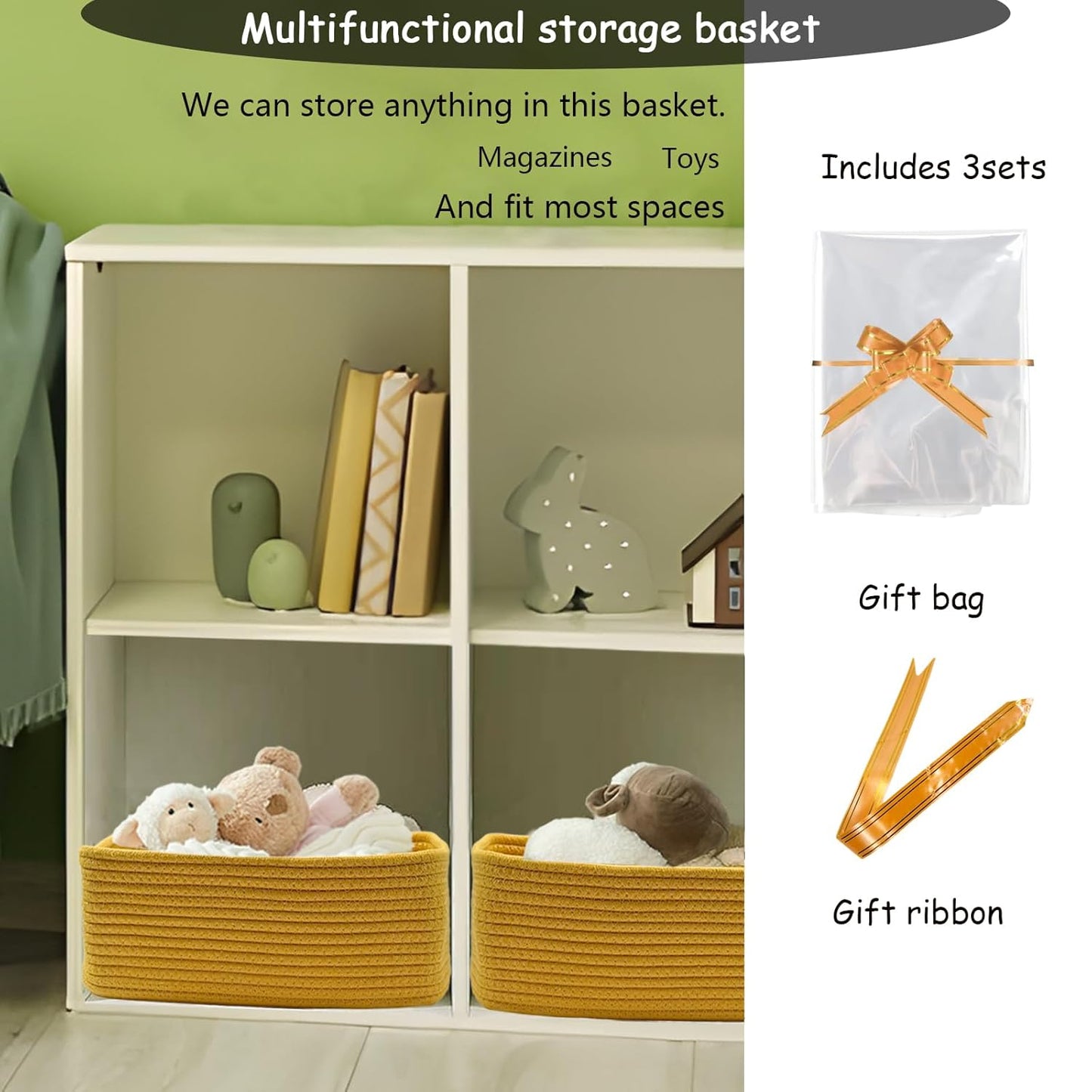 COMFY-HOMI 13" x 8.5" x 5.1" Storage Baskets for Organizing | Cotton Rope Woven Basket | Toy Storage Bin Box | Basket for Shelves, Closet Organizer Bin, Decorative Closet Shelf, 3 Pack, Yellow