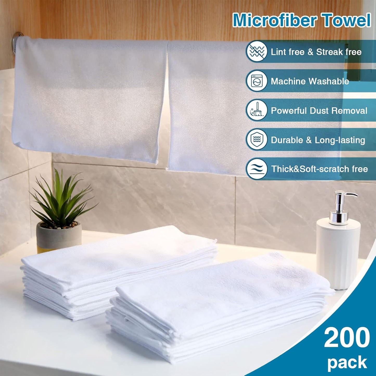200 Pieces Microfiber Cleaning Cloths Bulk Absorbent Microfiber Towels Reusable Lint-Free Streak Free Wash Rags for House Kitchen Office Restaurants Bar Shop Car, 12 x 12 Inches (White)