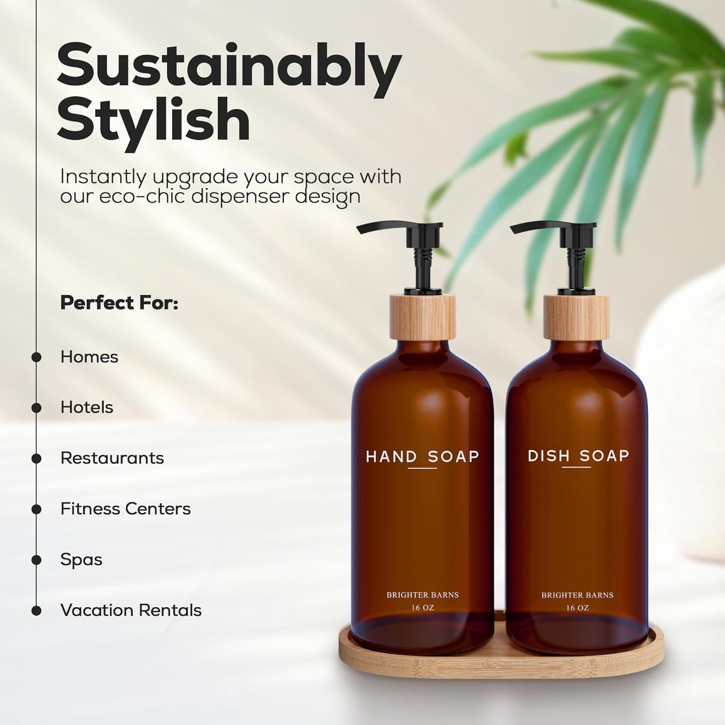 Amber Glass Hand and Dish Soap Dispenser Set by Brighter Barns - Kitchen Soap Dispenser Set with Tray - Bamboo Pump Bottles for Kitchen Sink - Modern Home Decor, Neutral Decor for Airbnb, Gift (Amber)