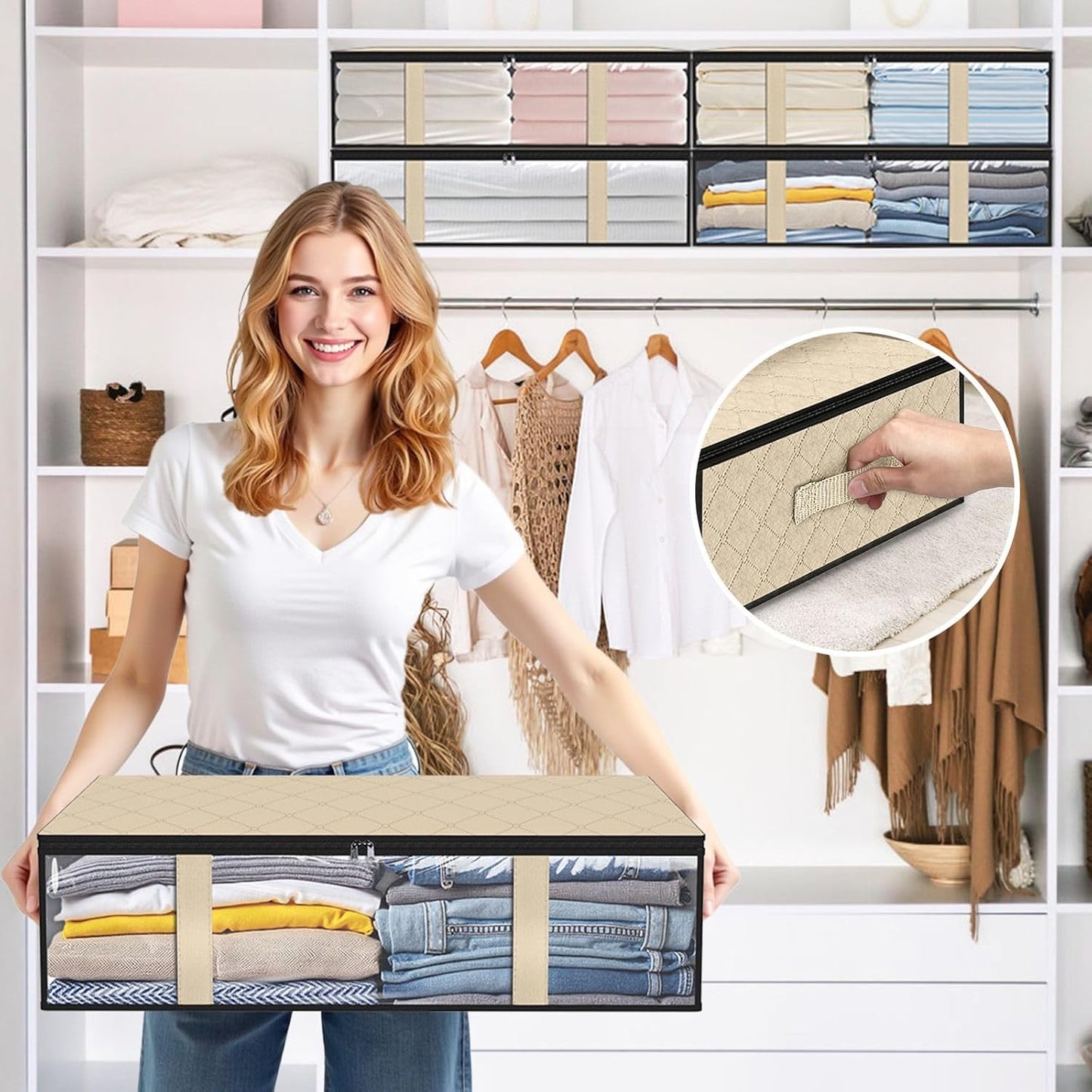 StorageRight Under Bed Storage Bins, 3-Pack 40L Foldable Fabric Storage Bags with Transparent Window, Breathable Organizer for Clothes/Blanket/Comforter/Quilts,Beige