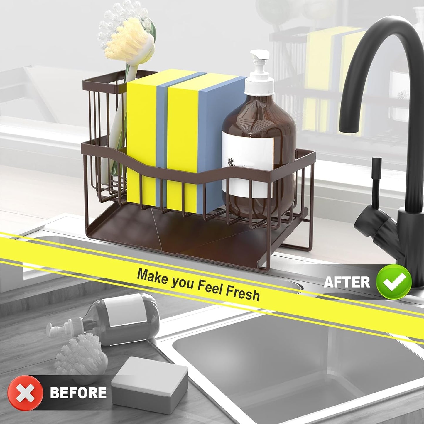 Maifan Sink Caddy Sponge Holder for Kitchen with Brush Holder and Stainless Steel Self Drain Tray, Rustproof Kitchen Sink Organizer for Sponge, Soap Dispenser Storage Accessories