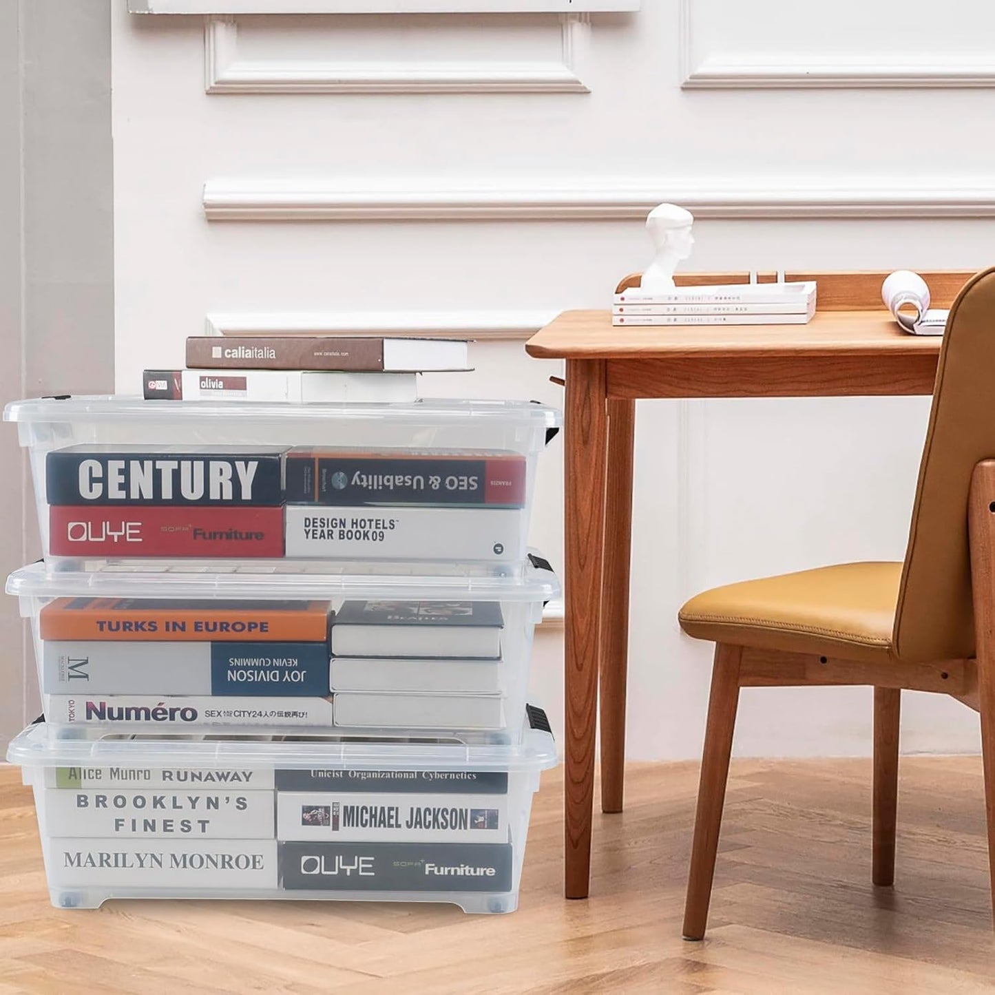 4 Pack 20 L Plastic Under Bed Storage Box with Lid, Clear Plastic Storage Bins Under Bed with Wheels