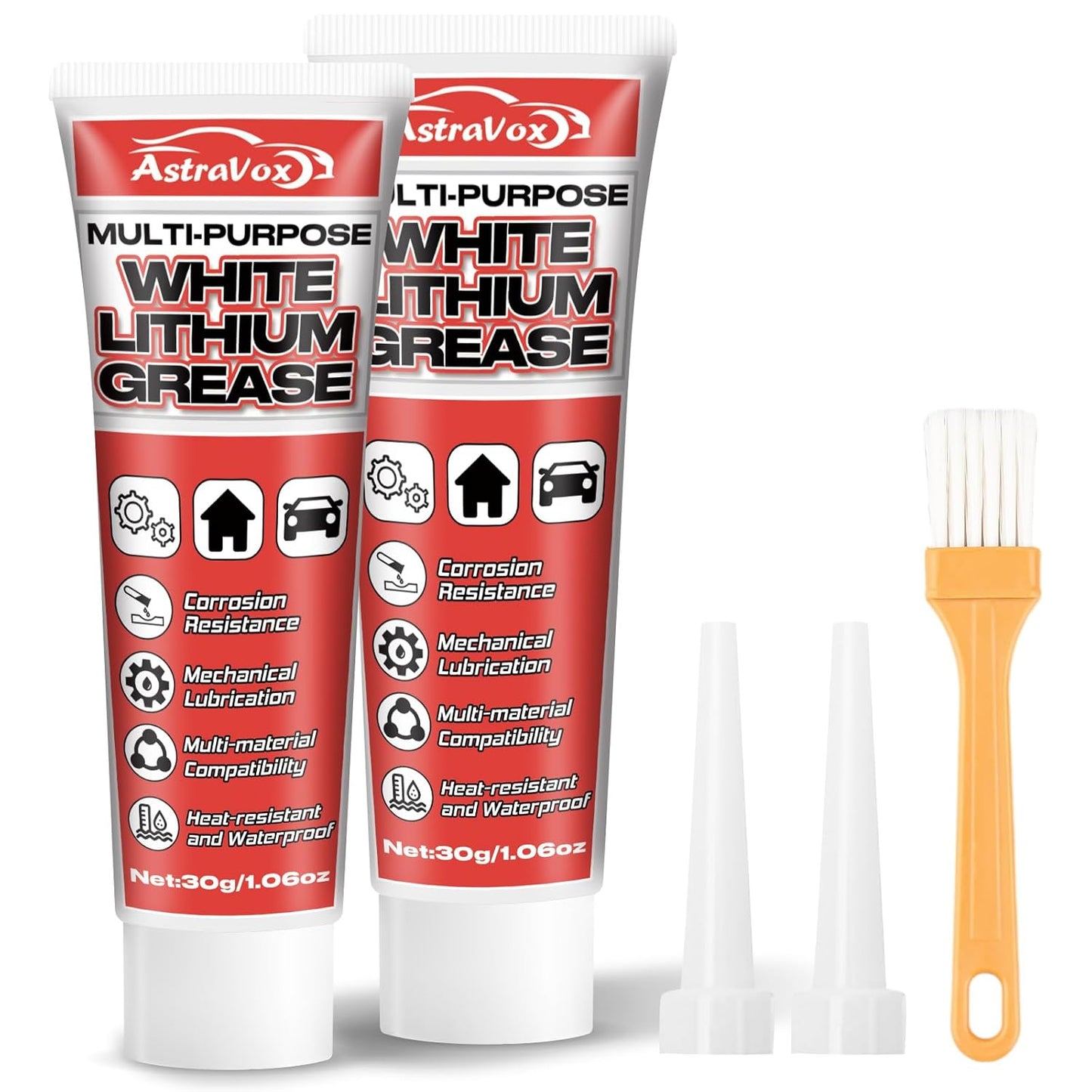 AstraVox White Lithium Grease, Multi-Purpose Lubricant Lithium Grease with Brush for Hinges, Bearings, Gears, and Garage Doors, Ideal for Automotive, Marine, Industrial, and Household Use (2)