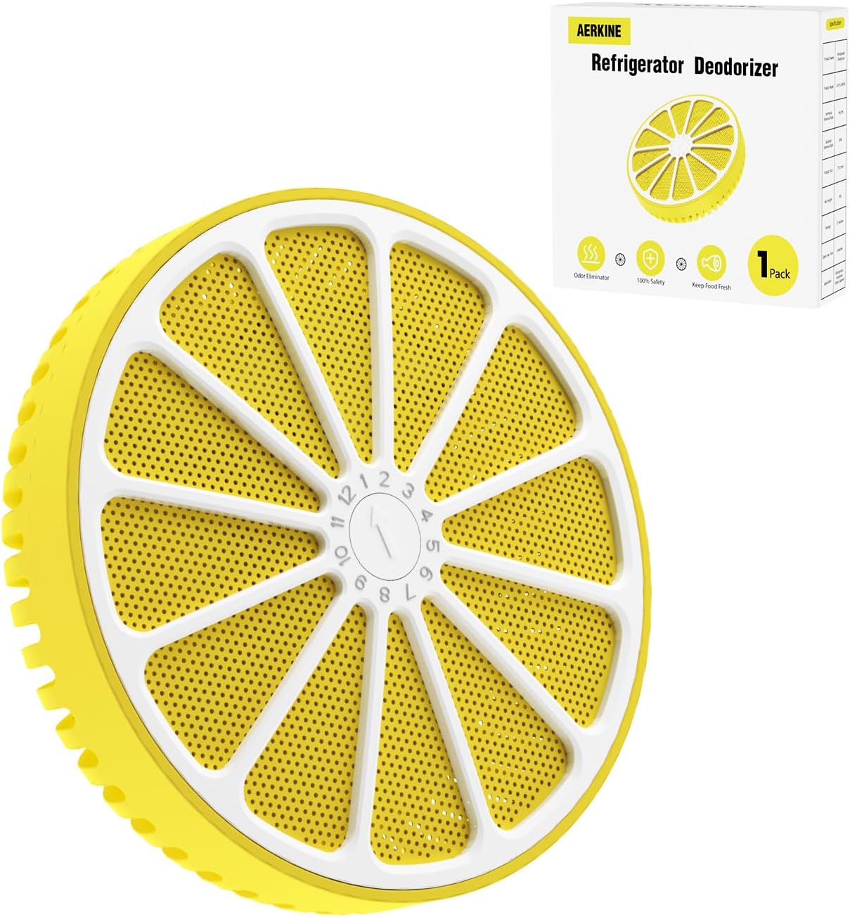 Refrigerator Deodorizer for Kitchen & Small Spaces, 2 Years Fresh Odor Eliminator for Fridge with AOP-KF Solid Alkali Tech, Lemon Design & Adjustable Clip Design (2.7"/50g)