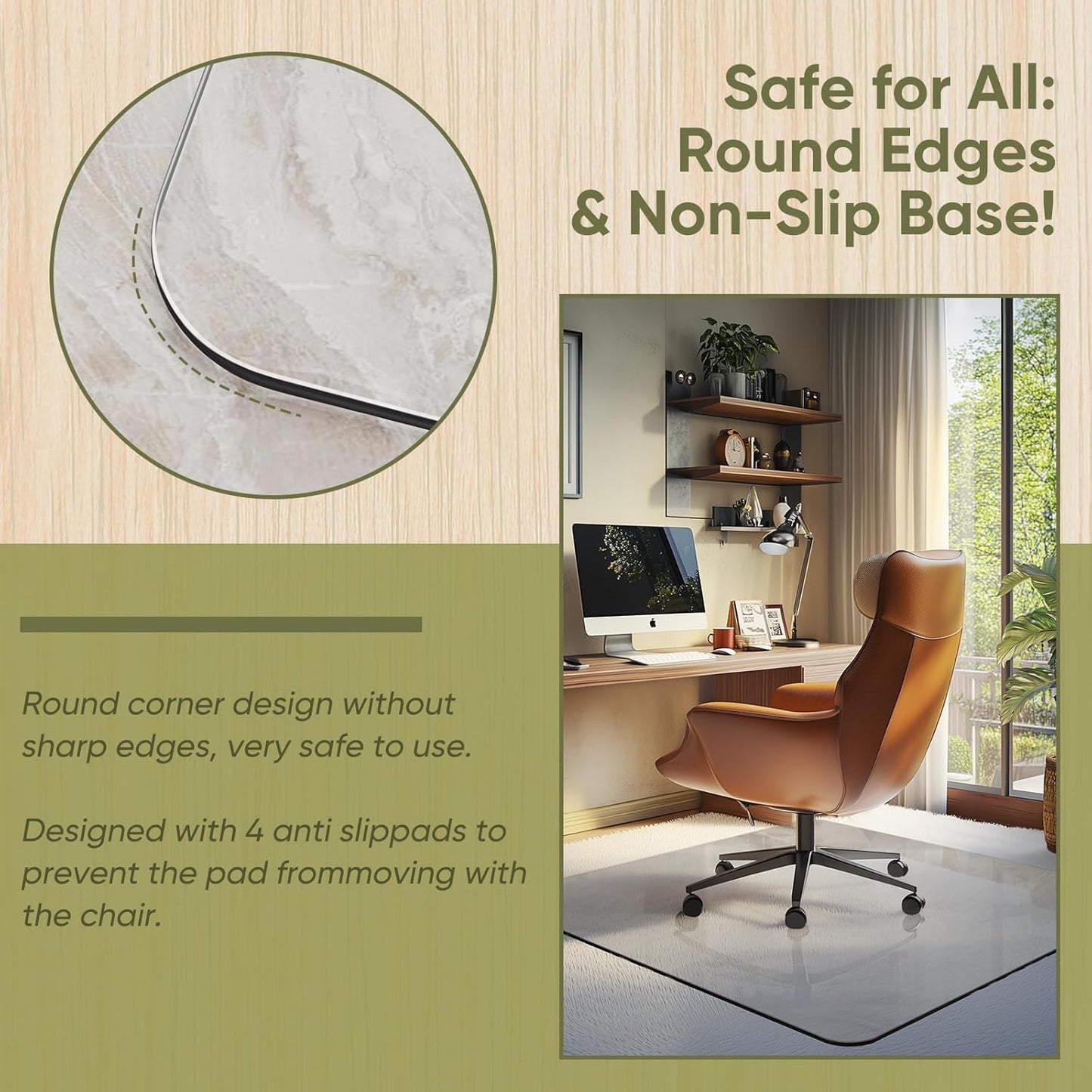 Office Chair Mat for Carpet & Hardwood, Upgraded 45" x 45" Tempered Glass Chair Mat for Office Home, with 4 Anti-Slip Pads