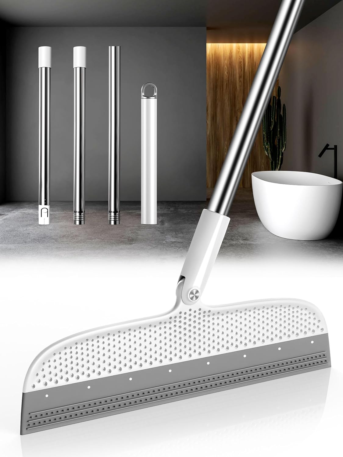 Floor Squeegee & Broom with Long Handle, 180° Rotating Head Silicone Blade Removes Water & Pet Hair | Squeegee for Tile, Shower Glass, Windows, Garage, Deck & Patio