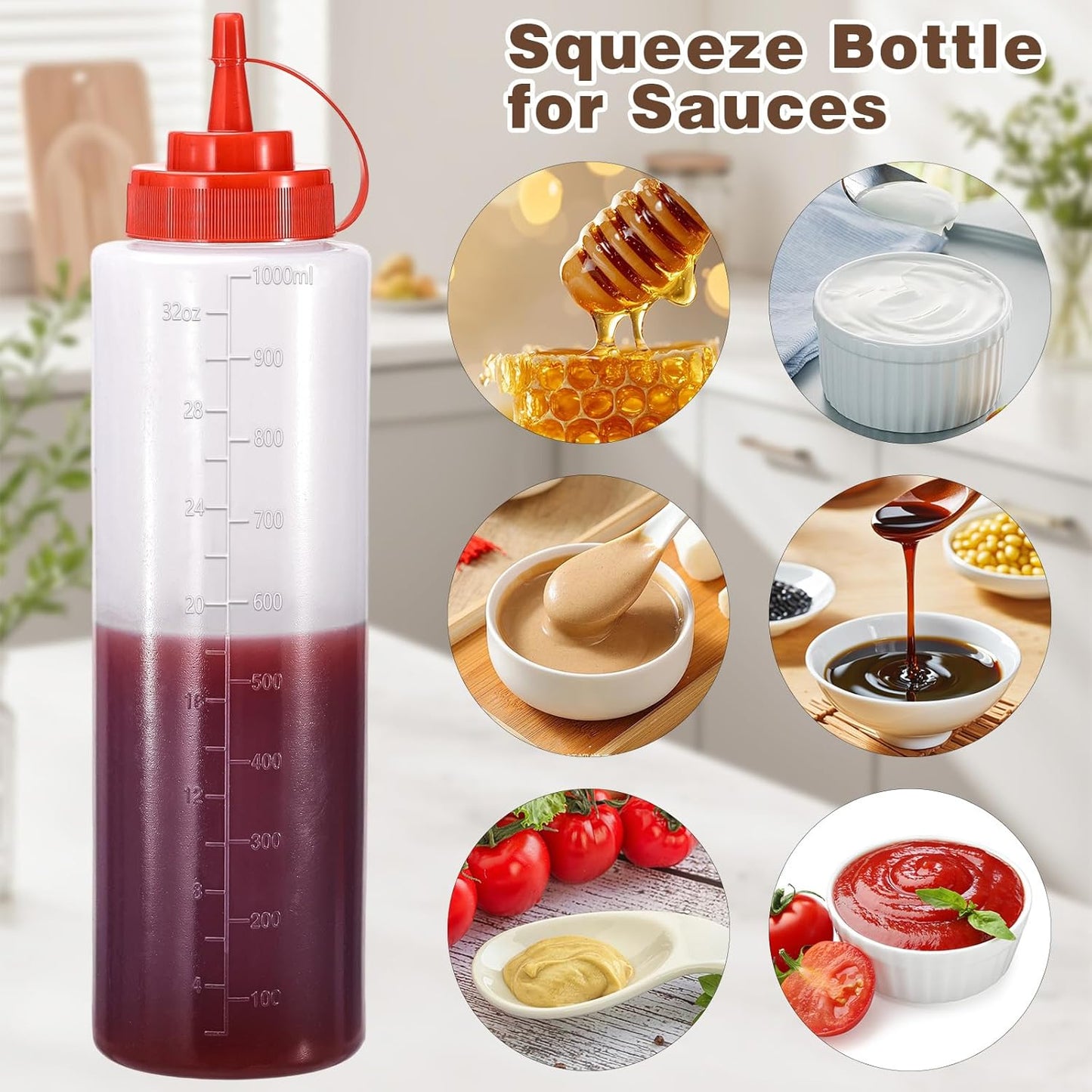Condiment Squeeze Bottles Ketchup Dispenser, 6 Pack 32oz Squeeze Bottles for Liquids, Plastic Sauce Bottle with Cap Lid, Squirt Bottles for Sauces Liquids BBQ Dressing Pancake Art