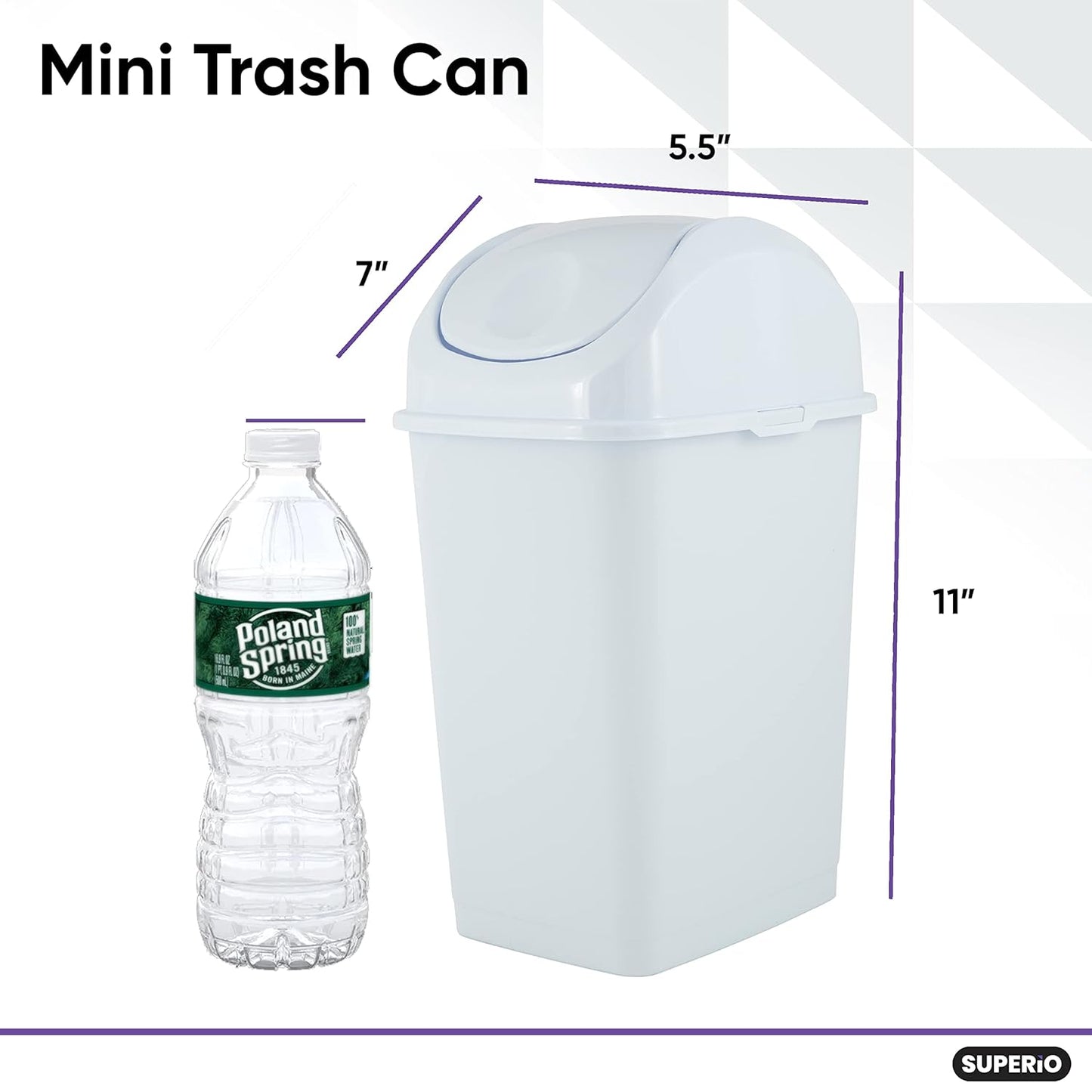 Superio Mini Desktop Trash Can with Swing Top Lid Portable Plastic Garbage Can for Countertop, Desktop, Make up Vanity, Bathroom, Car, Under Sink, Dorm, Compact Waste Bin 5 L 1.25 Gal (2, White)