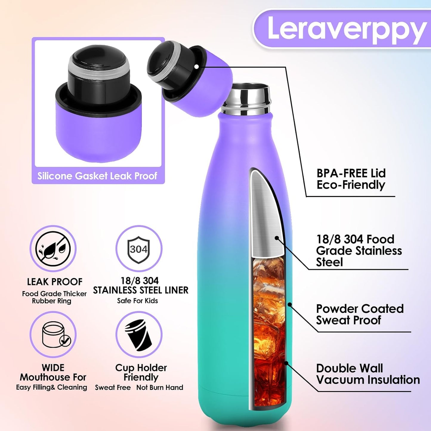 25oz Cola-Bottle Shaped Stainless Steel Leak-proof Water Bottle,Double Wall Vacuum Insulated Metal,Travel Mug For Sports Indoors & Outdoors,BPA-Free Kids Flasks,Purple Green(4 Pack)