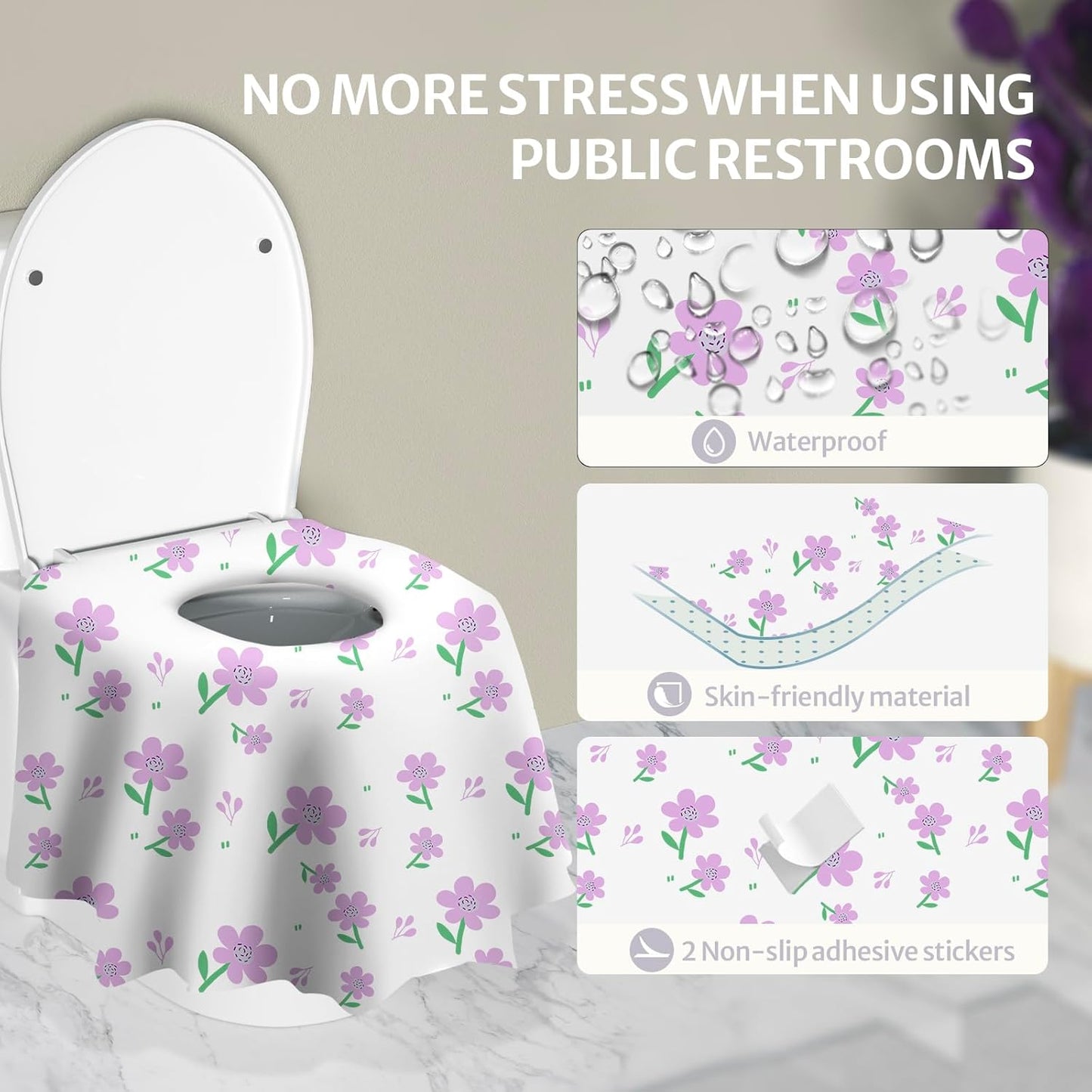 Blissful Diary 20 Pcs Toilet Seat Covers Disposable for Toddlers & Adults, Extra Large Waterproof, Portable Package for Travel, Kids Potty Training(Purple Flowers))