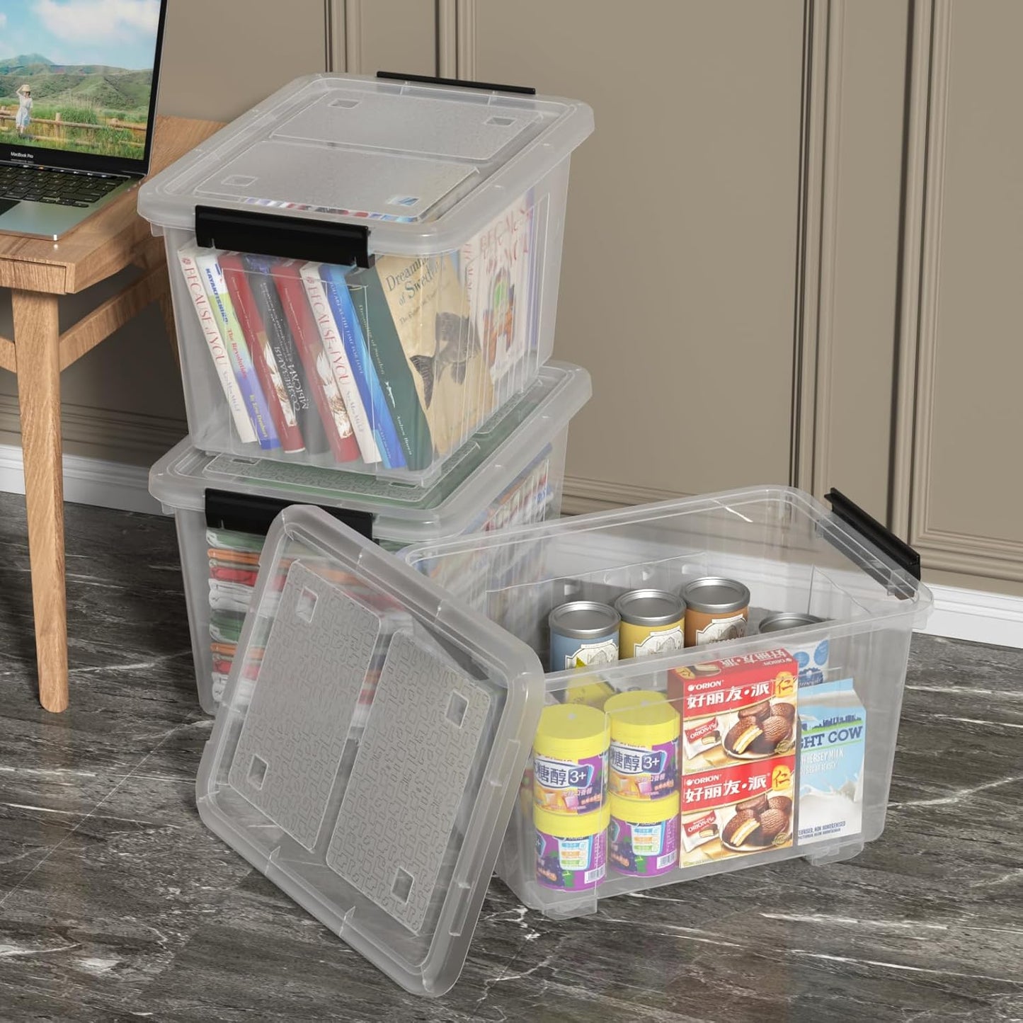 Zopnny 30 Quart Plastic Stacker Box, Large Storage Bin Container with Latching Lids and Wheels for Home and Garage Organizing, Shoes, Tools, Clear Base, 4-Pack