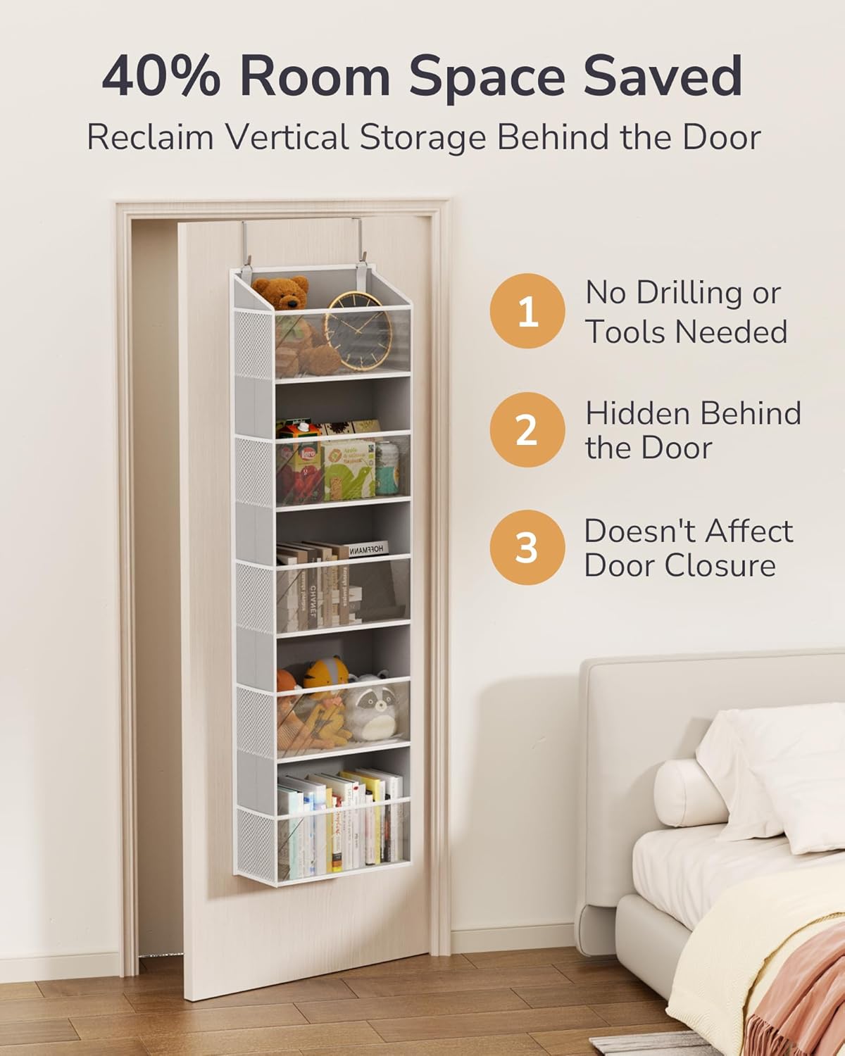 ULG 1-Pack Over Door Organizer with 5 Large Pockets 10 Mesh Side Pockets, 44 lbs Weight Capacity Hanging Storage Organizer with Clear Window for Bedroom Bathroom Kitchen, RV, Camper, Clear Grey