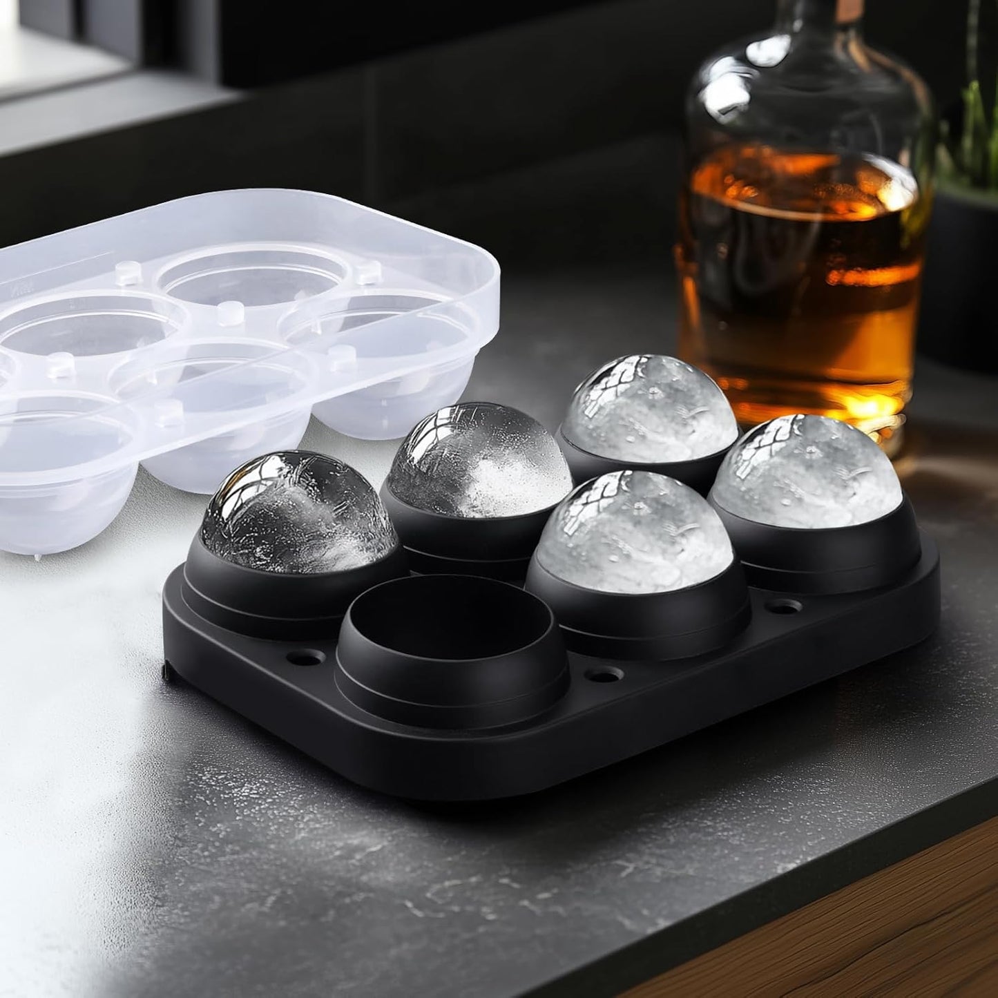 2.5inch Spherical Ice Ball Tray For Whiskey, Big Ice Freezer Mold for Cocktails，Easy Fill In & Release Ice Cube Mold, Durable &Reusable Spherical Ice Maker (Black)