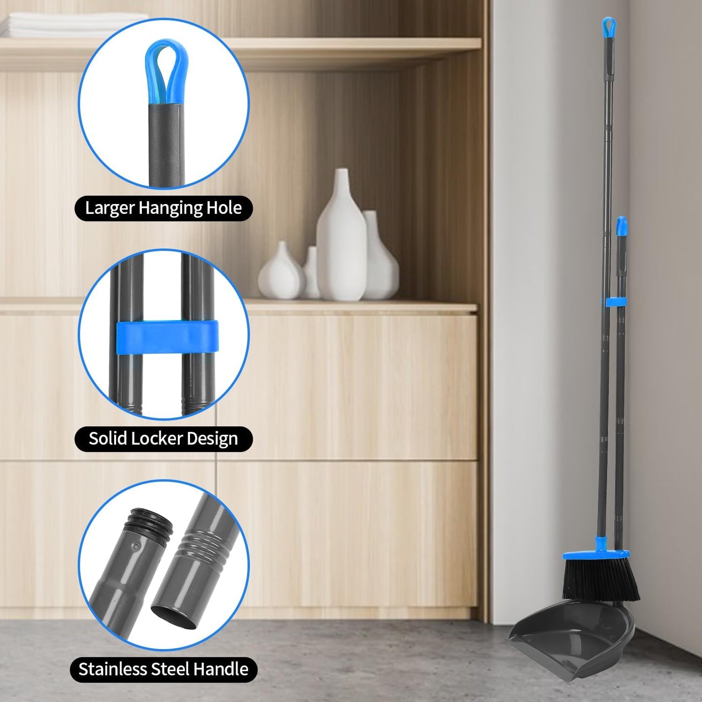 Broom and Dustpan Set ，Long Handle Broom with Upright Standing Dust pan for Indoor Outdoor Home Kitchen Office Floor Cleaning