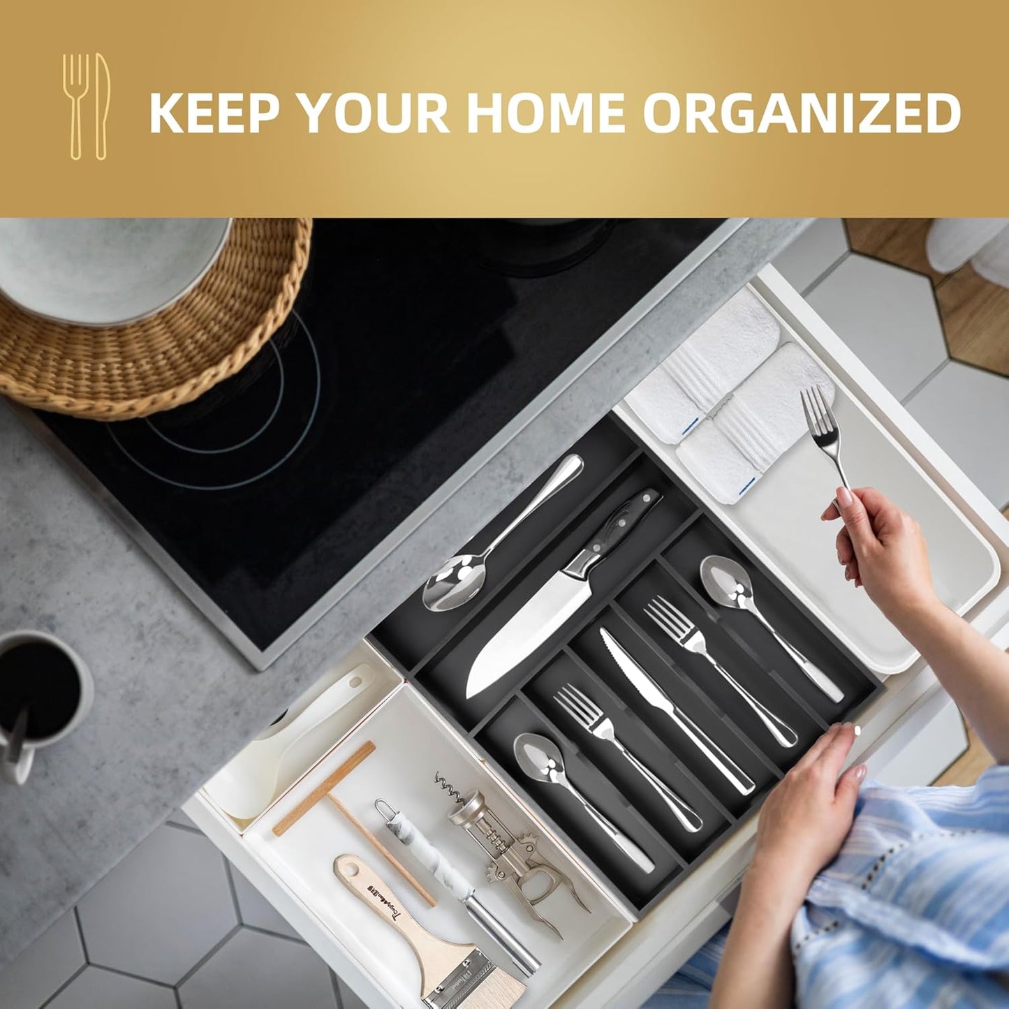 Silverware Organizer Bamboo Kitchen Drawer Organizer Utensil Organizer Silverware Holder Cutlery Organizer in drawer Flatware Organizer Tray (Black 7 Slots)