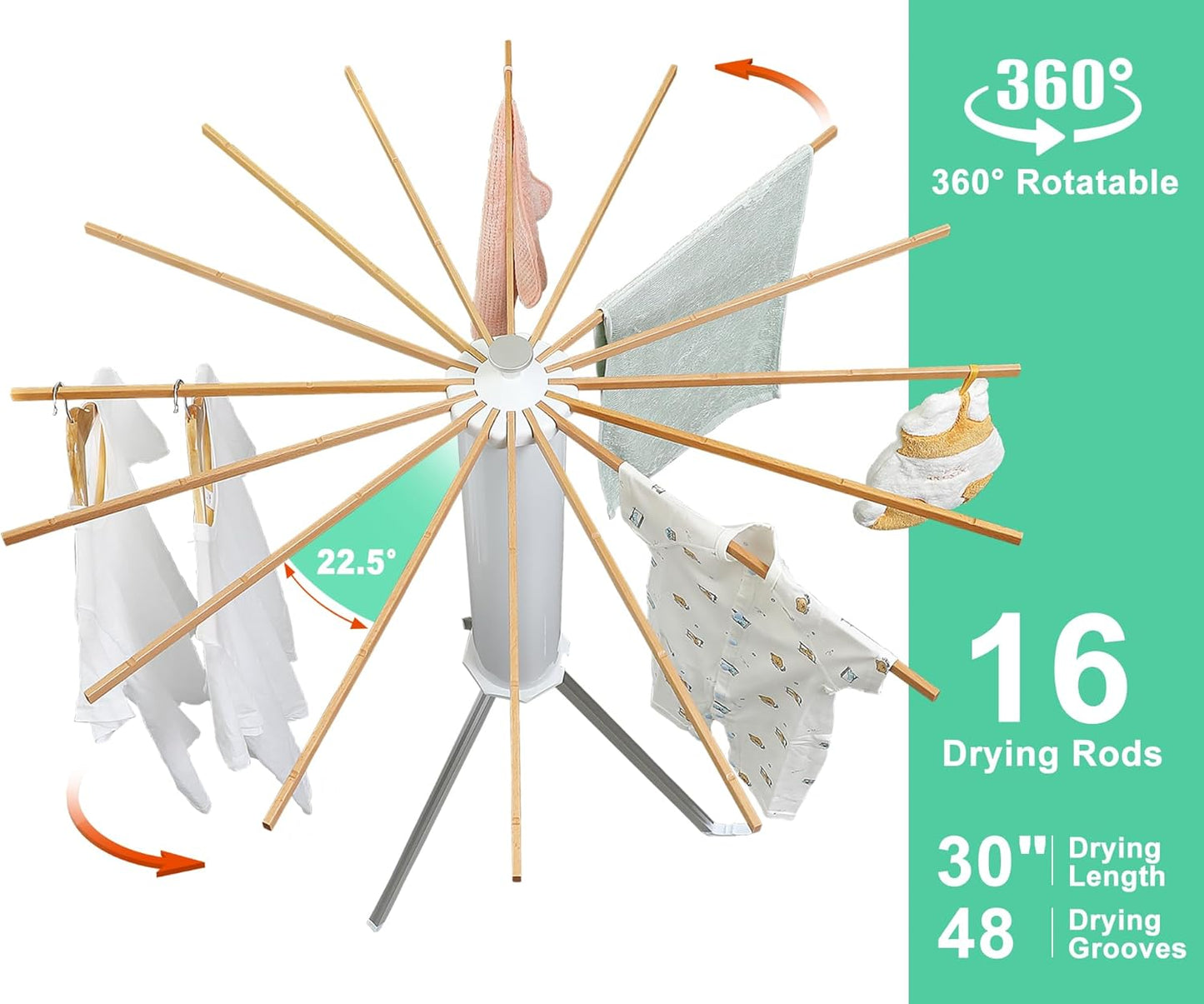 Cylinder Tripod Clothes Drying Rack - 16 Expandable Rods | Standing Octopus Drying Rack Clothing | Space Saving Master | Collapsible Compact for Laundry Room Household & Indoor | Solid Wood