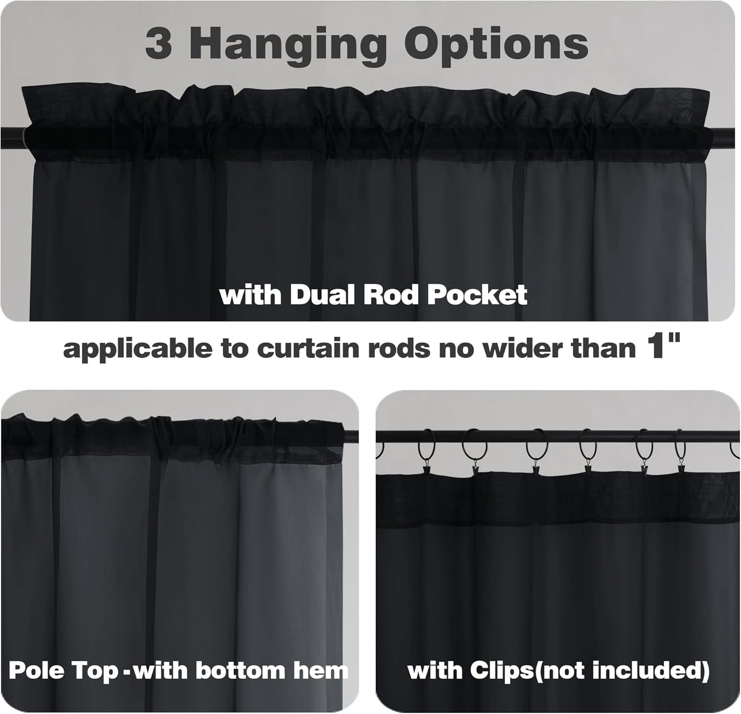 Chyhomenyc Extra Long Black Sheer Curtains 108 Inches Long 2 Panels, Light Filtering Black Curtains for Living Room, Soft Gentle Voile Rod Pocket Bedroom Window Drapes, 59Wx108L Inch, 9FT, 2PCS