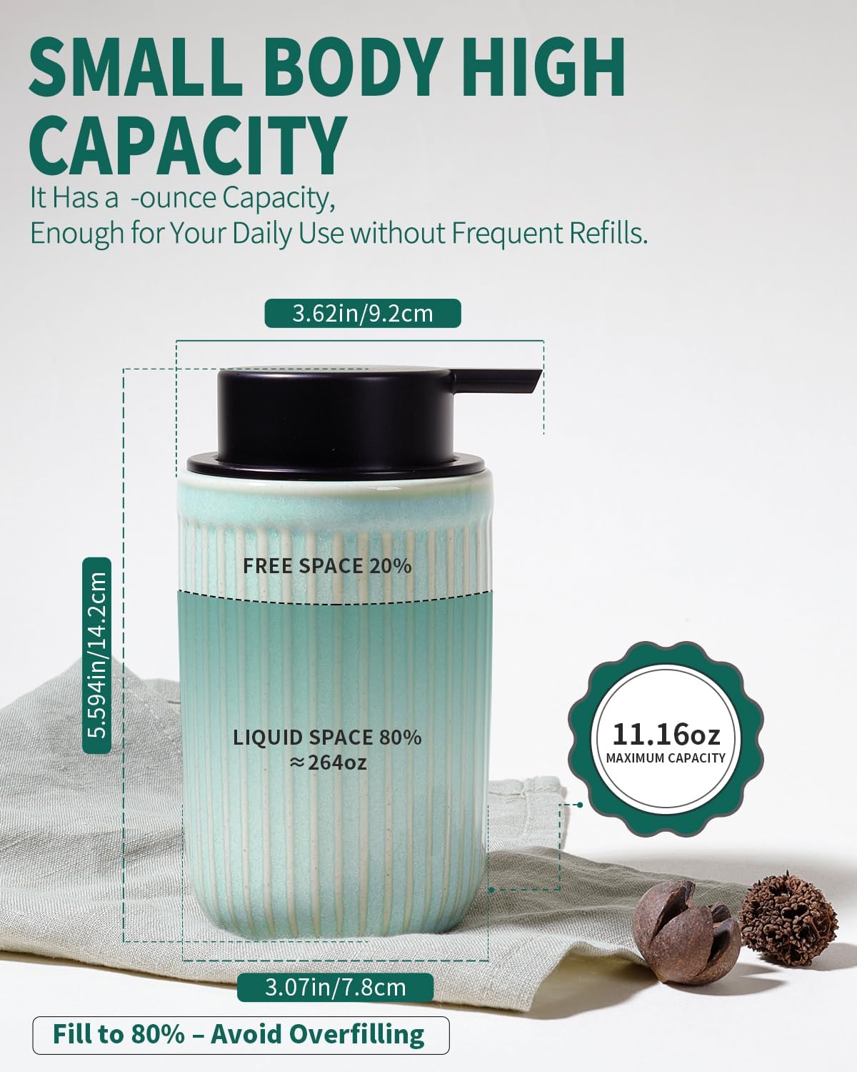 BosilunLife Dish Hand Soap Dispenser - Liquid Pump Soap Dispenser for Bathroom Deco Light Green 12oz Ceramic Kitchen Dish Dispenser with Rust-Proof Liquid Pump Modern Refillable Lotion Bottles